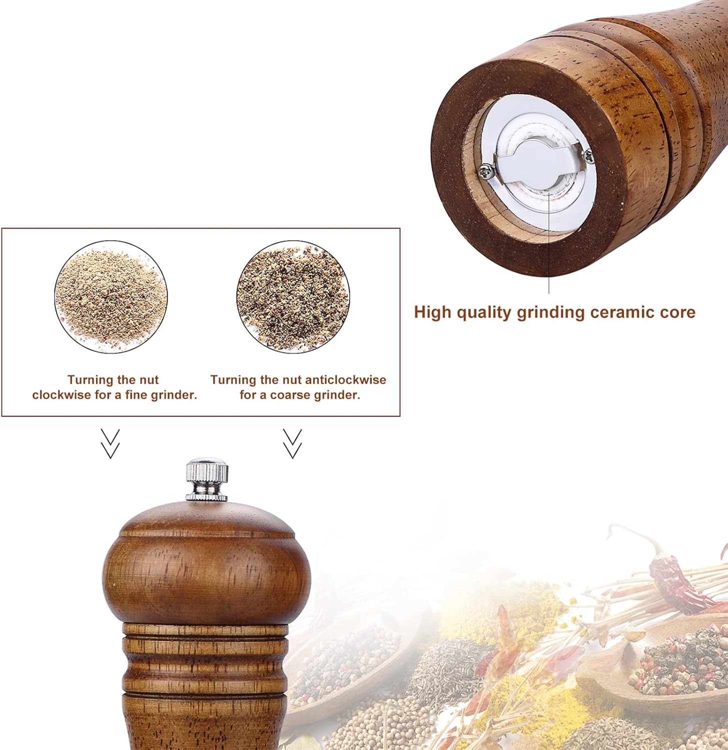 Gulex® Wood Pepper Grinder Pepper Mill,Adjustable Coarseness 8 Inch Wooden Peppermill, Ceramic Grinding Mechanism Salt Mill Refillable (1 pack) (Dark-1PC) - Image 3
