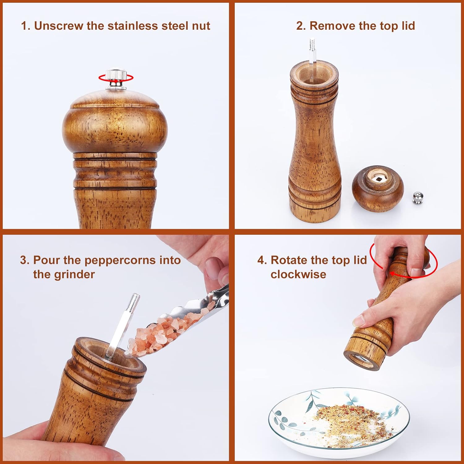 Gulex® Wood Pepper Grinder Pepper Mill,Adjustable Coarseness 8 Inch Wooden Peppermill, Ceramic Grinding Mechanism Salt Mill Refillable (1 pack) (Dark-1PC) - Image 4