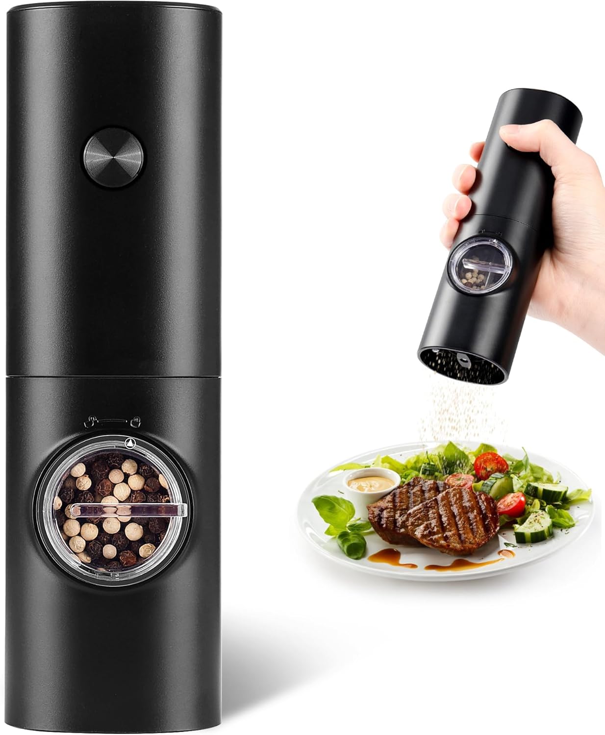 Electric Pepper Grinder or Salt Mill, Battery Powered Automatic Pepper Mill, Ceramic Grinder with Adjustable Coarseness, LED Light, One Hand Operation (1 pack) - Image 1