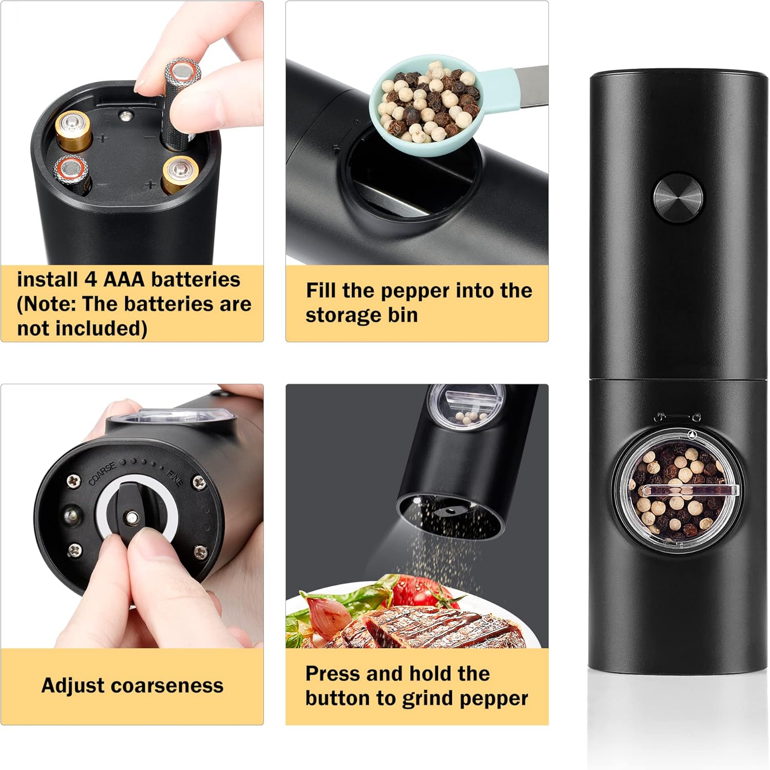 Electric Pepper Grinder or Salt Mill, Battery Powered Automatic Pepper Mill, Ceramic Grinder with Adjustable Coarseness, LED Light, One Hand Operation (1 pack) - Image 2