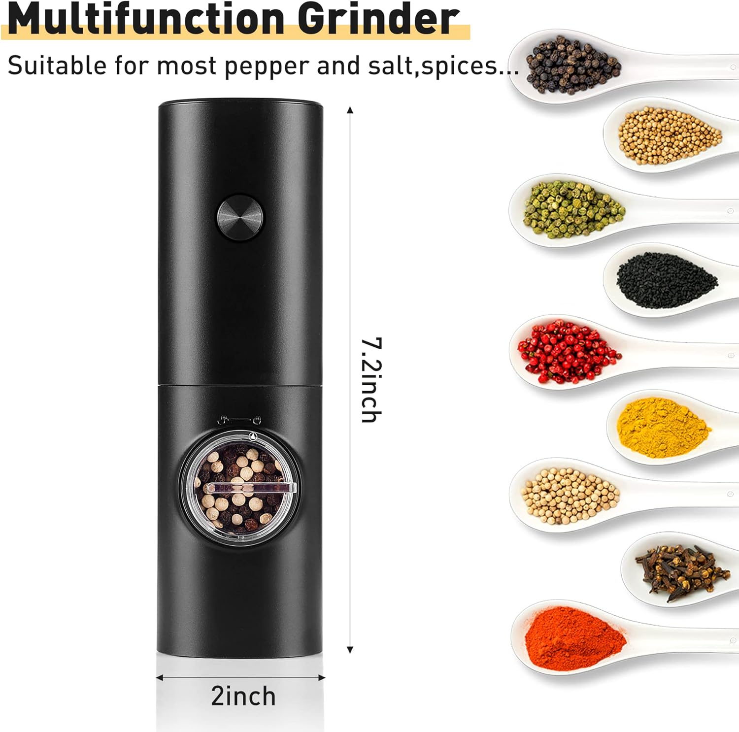 Electric Pepper Grinder or Salt Mill, Battery Powered Automatic Pepper Mill, Ceramic Grinder with Adjustable Coarseness, LED Light, One Hand Operation (1 pack) - Image 3