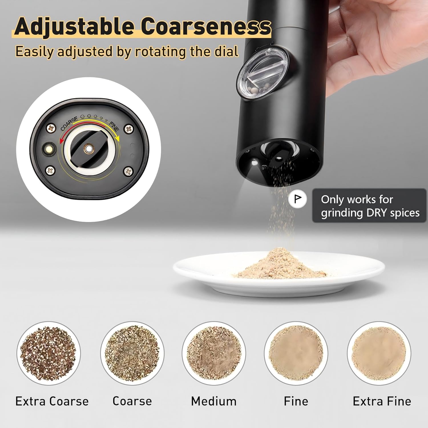 Electric Pepper Grinder or Salt Mill, Battery Powered Automatic Pepper Mill, Ceramic Grinder with Adjustable Coarseness, LED Light, One Hand Operation (1 pack) - Image 4