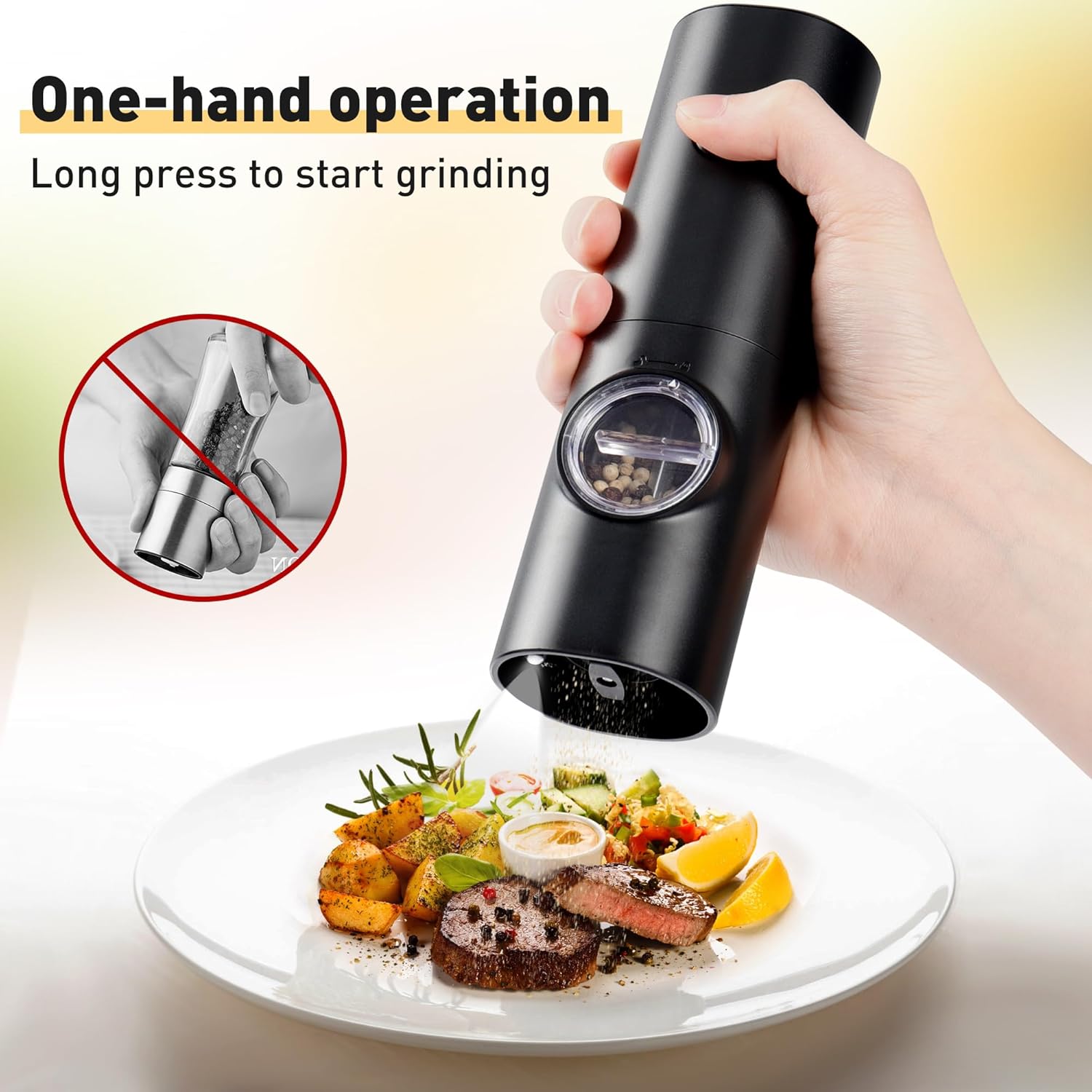 Electric Pepper Grinder or Salt Mill, Battery Powered Automatic Pepper Mill, Ceramic Grinder with Adjustable Coarseness, LED Light, One Hand Operation (1 pack) - Image 5