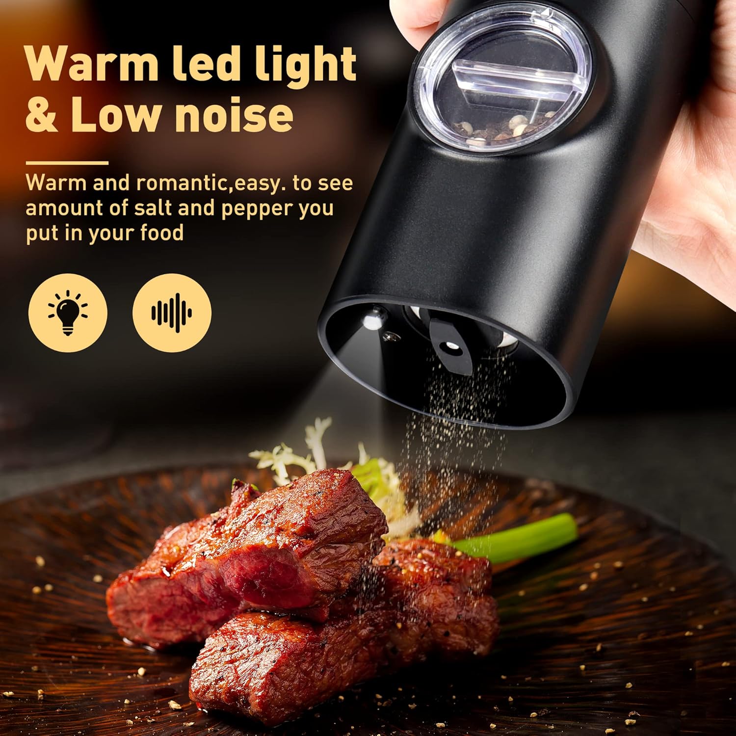 Electric Pepper Grinder or Salt Mill, Battery Powered Automatic Pepper Mill, Ceramic Grinder with Adjustable Coarseness, LED Light, One Hand Operation (1 pack) - Image 6