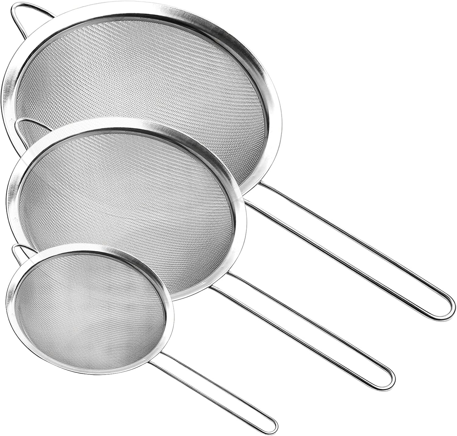 Supercenter Fine Mesh Strainer, Stainless Steel Fine Mesh Sieve, Set of 3 Small Strainers Fine Mesh for Kitchen, Silver Colander Sieve Sifter with Long Handle, 3.4