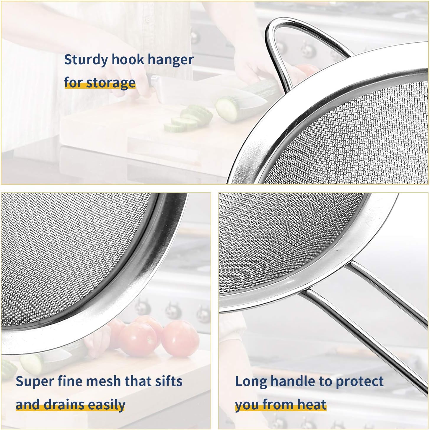 Supercenter Fine Mesh Strainer, Stainless Steel Fine Mesh Sieve, Set of 3 Small Strainers Fine Mesh for Kitchen, Silver Colander Sieve Sifter with Long Handle, 3.4