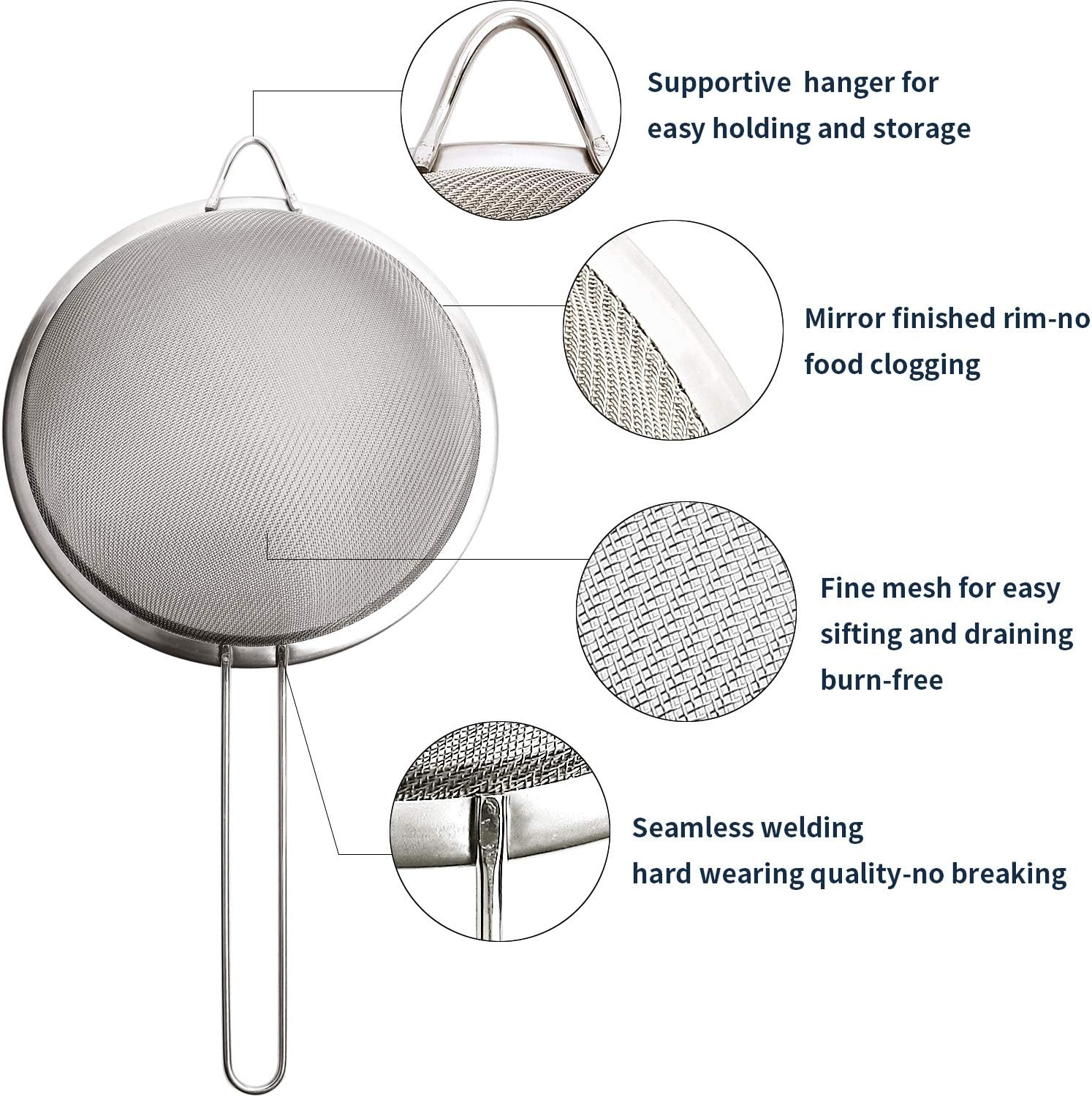 Supercenter Fine Mesh Strainer, Stainless Steel Fine Mesh Sieve, Set of 3 Small Strainers Fine Mesh for Kitchen, Silver Colander Sieve Sifter with Long Handle, 3.4