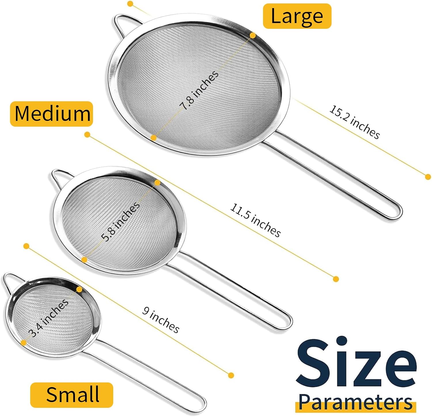 Supercenter Fine Mesh Strainer, Stainless Steel Fine Mesh Sieve, Set of 3 Small Strainers Fine Mesh for Kitchen, Silver Colander Sieve Sifter with Long Handle, 3.4
