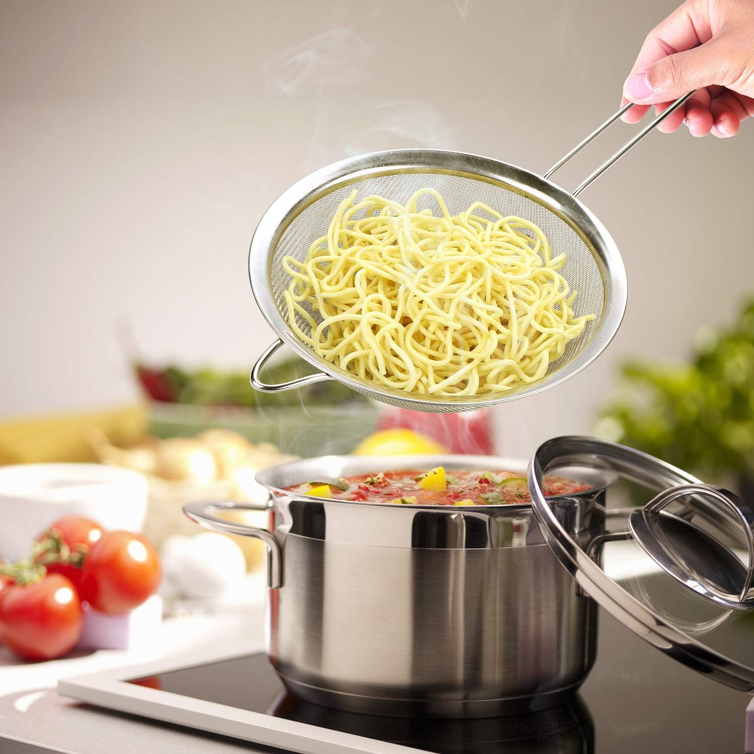 Supercenter Fine Mesh Strainer, Stainless Steel Fine Mesh Sieve, Set of 3 Small Strainers Fine Mesh for Kitchen, Silver Colander Sieve Sifter with Long Handle, 3.4