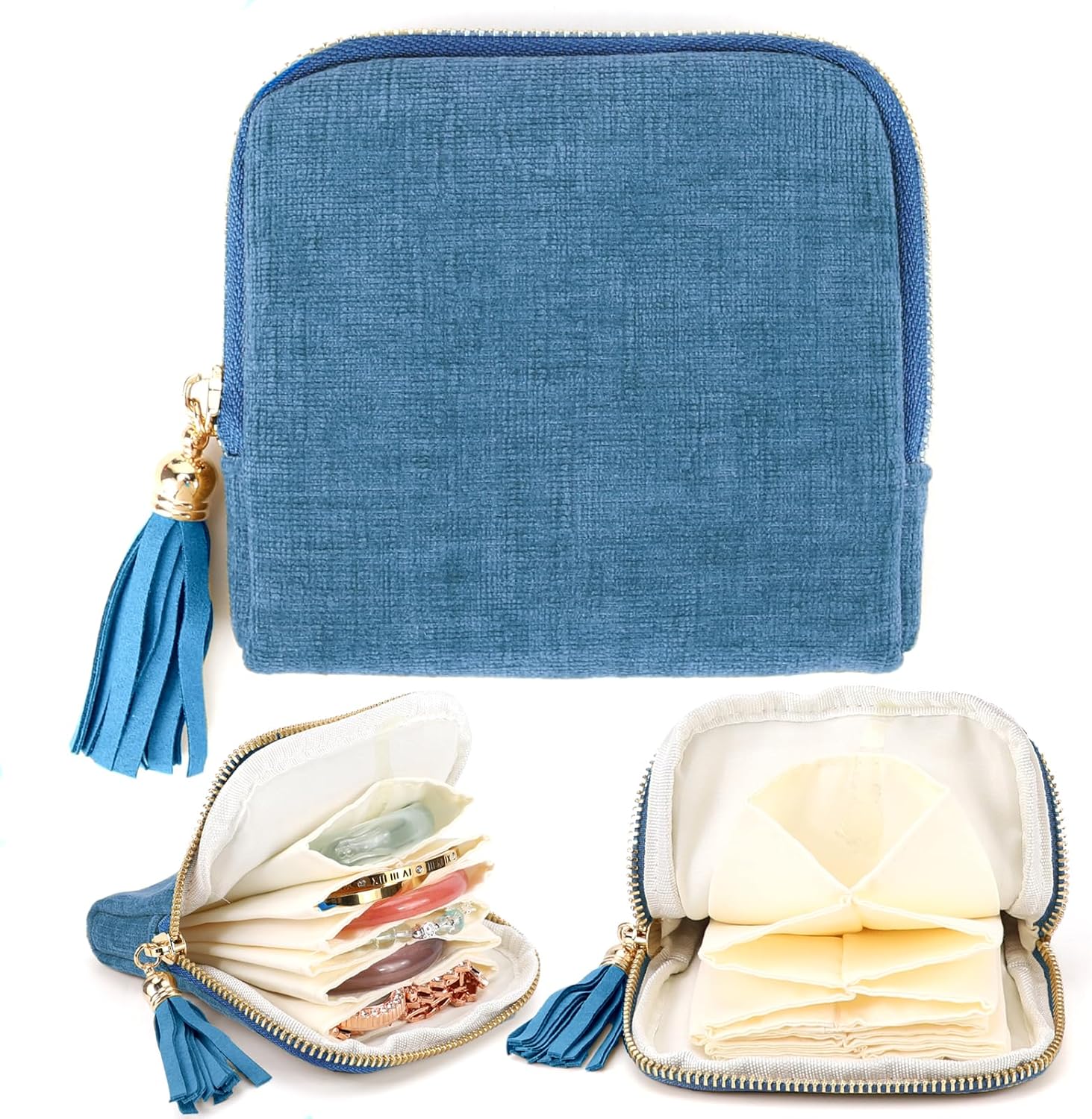 Small Travel Jewelry Case, Portable Soft Jewelry Bags, Organizer Pouch with 6 Compartments Pocket, Anti-Scratch Storage Holder for Bangle Bracelets Earrings Necklace, Women Gifts, Ocean Blue - Image 1