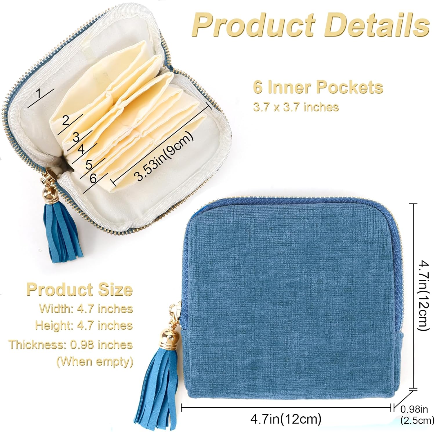 Small Travel Jewelry Case, Portable Soft Jewelry Bags, Organizer Pouch with 6 Compartments Pocket, Anti-Scratch Storage Holder for Bangle Bracelets Earrings Necklace, Women Gifts, Ocean Blue - Image 2