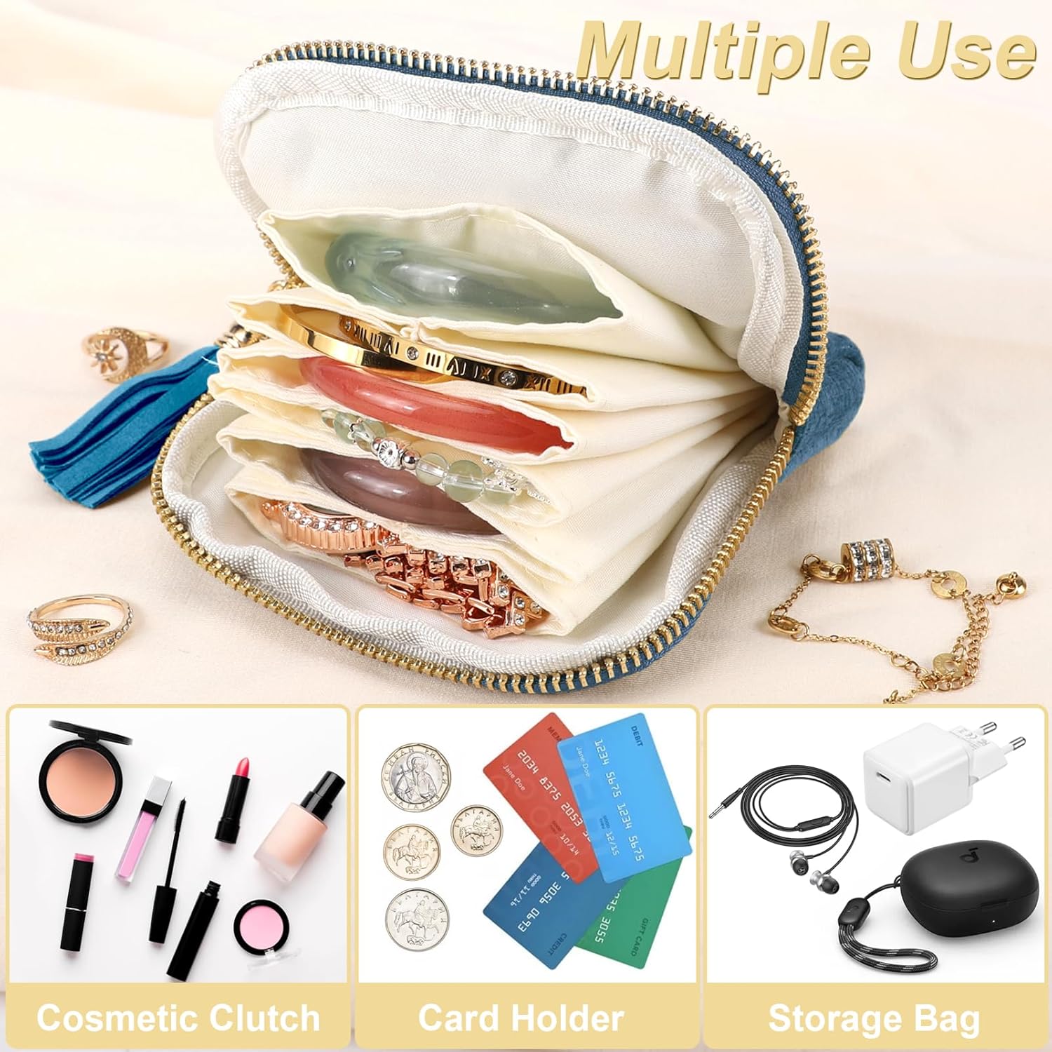 Small Travel Jewelry Case, Portable Soft Jewelry Bags, Organizer Pouch with 6 Compartments Pocket, Anti-Scratch Storage Holder for Bangle Bracelets Earrings Necklace, Women Gifts, Ocean Blue - Image 3