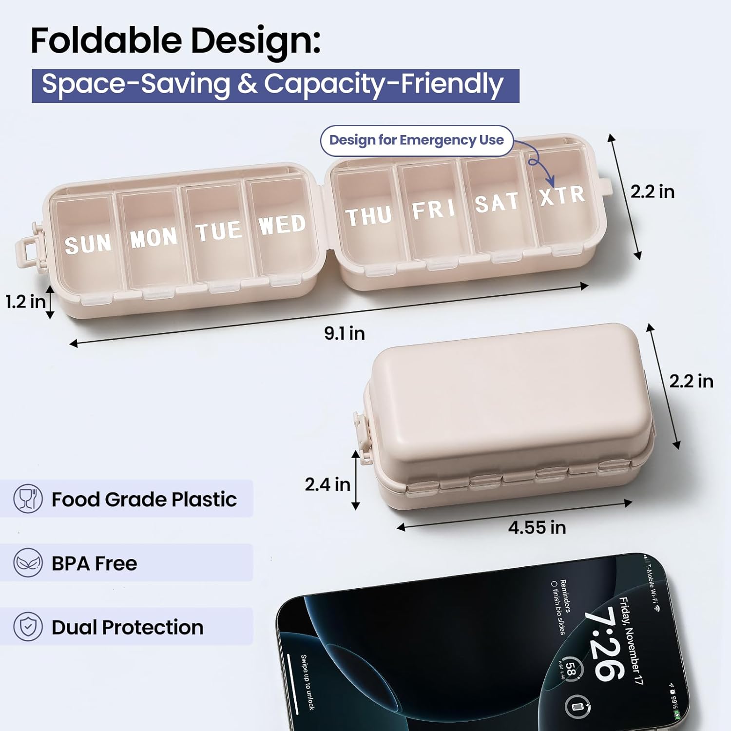 NEW Foldable Weekly Pill Organizer with Extra Grid, Portable 7 Day Pill Box Once / 1 Time a Day, Week Daily Medicine Organizer - Large Travel Pill Case Holder Dispenser for Vitamin, Supplement-Khaki - Image 2