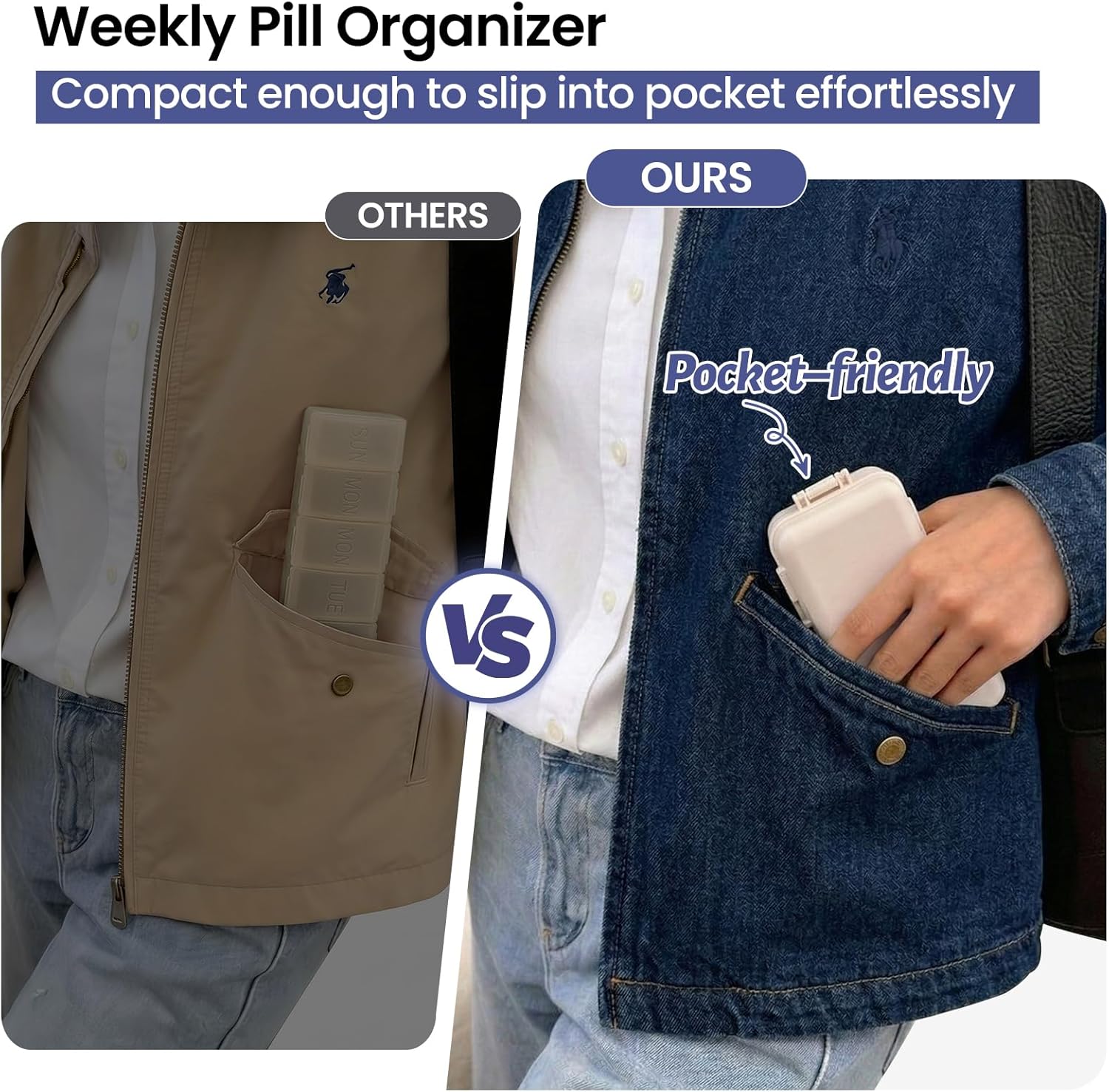 NEW Foldable Weekly Pill Organizer with Extra Grid, Portable 7 Day Pill Box Once / 1 Time a Day, Week Daily Medicine Organizer - Large Travel Pill Case Holder Dispenser for Vitamin, Supplement-Khaki - Image 4