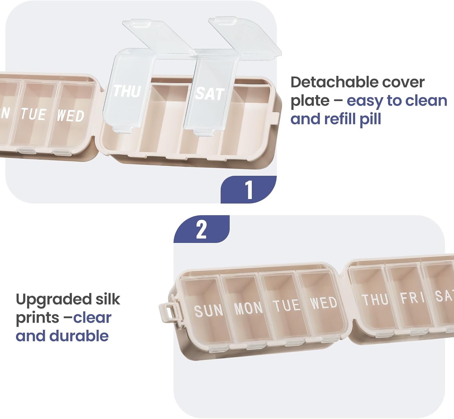 NEW Foldable Weekly Pill Organizer with Extra Grid, Portable 7 Day Pill Box Once / 1 Time a Day, Week Daily Medicine Organizer - Large Travel Pill Case Holder Dispenser for Vitamin, Supplement-Khaki - Image 5