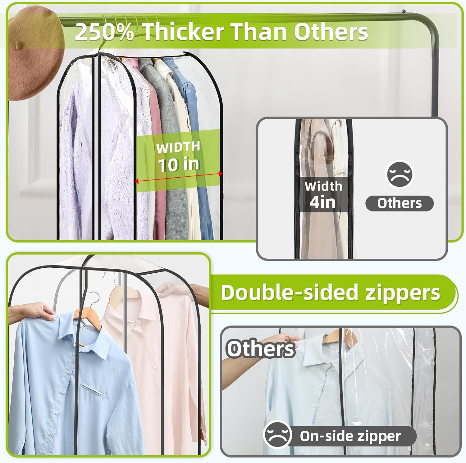LANDNEOO 2 Pack Clear Garment Bags for Hanging Clothes with Zippers on Double Sides - 10'' Clothes Storage for Coat, Dress, and Fur in Closet - 40'' Long Suit Bags - Image 3
