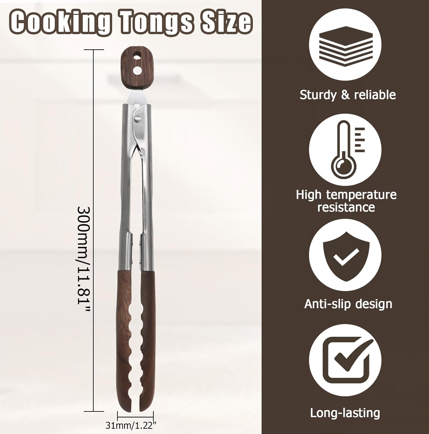 Biaungdo Wooden Tongs for Cooking, 9 Inch Walnut Wooden kitchen Tongs, Stainless Steel Salad Tong with Wood Tip for Serving Food, Grilling, Cooking Utensils Set (Pull Lock) - Image 2