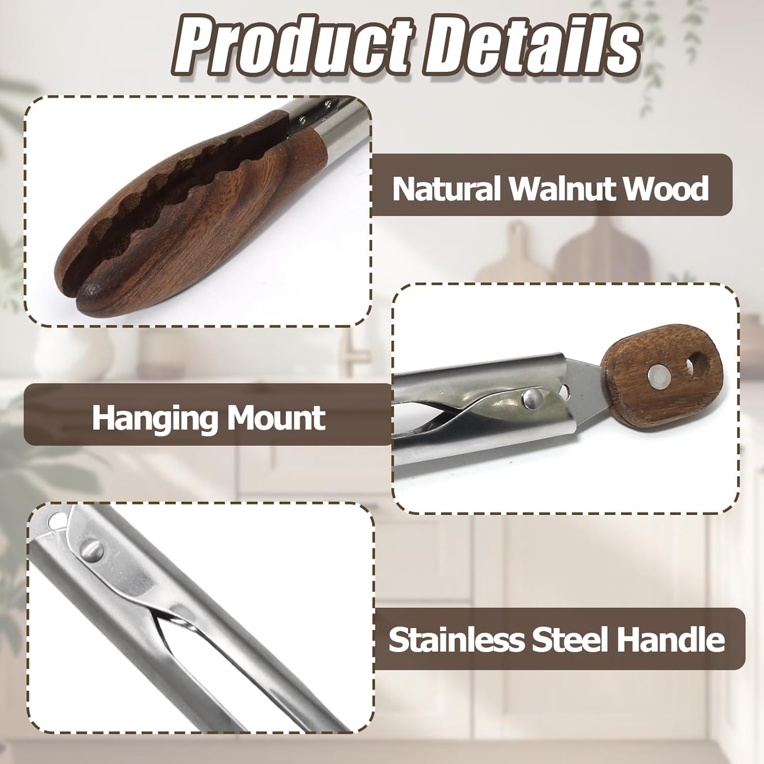 Biaungdo Wooden Tongs for Cooking, 9 Inch Walnut Wooden kitchen Tongs, Stainless Steel Salad Tong with Wood Tip for Serving Food, Grilling, Cooking Utensils Set (Pull Lock) - Image 3