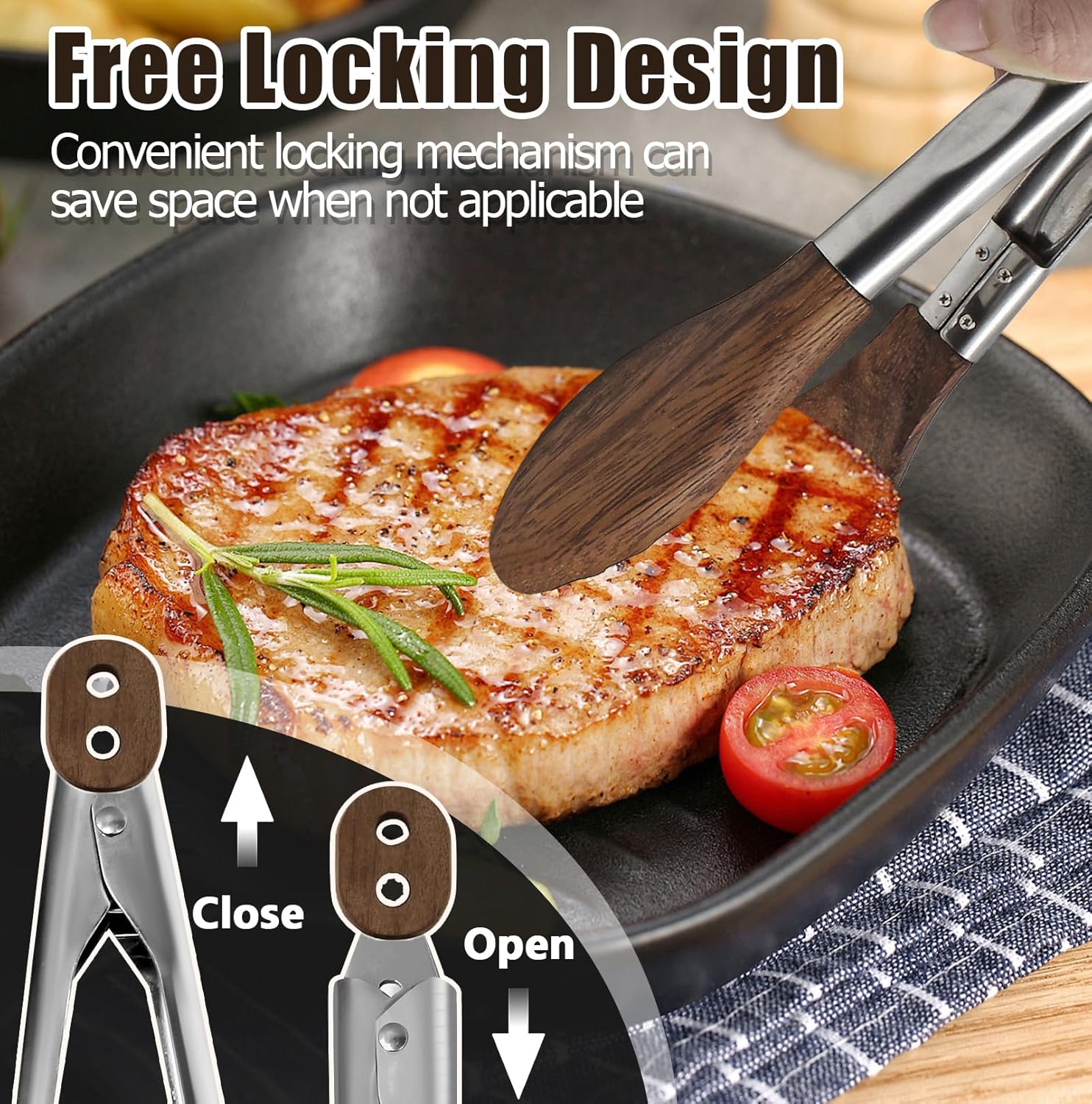 Biaungdo Wooden Tongs for Cooking, 9 Inch Walnut Wooden kitchen Tongs, Stainless Steel Salad Tong with Wood Tip for Serving Food, Grilling, Cooking Utensils Set (Pull Lock) - Image 4