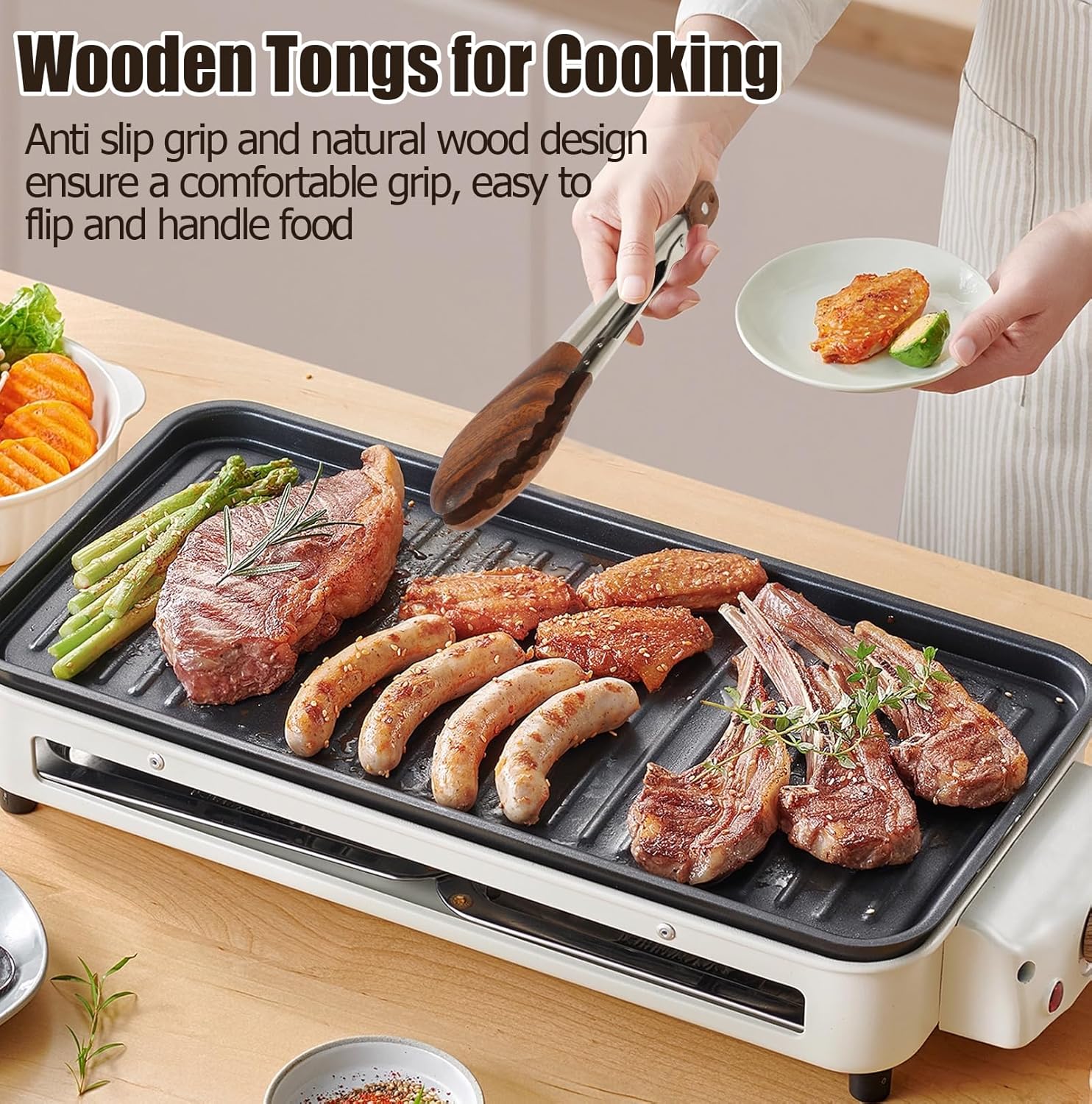 Biaungdo Wooden Tongs for Cooking, 9 Inch Walnut Wooden kitchen Tongs, Stainless Steel Salad Tong with Wood Tip for Serving Food, Grilling, Cooking Utensils Set (Pull Lock) - Image 5