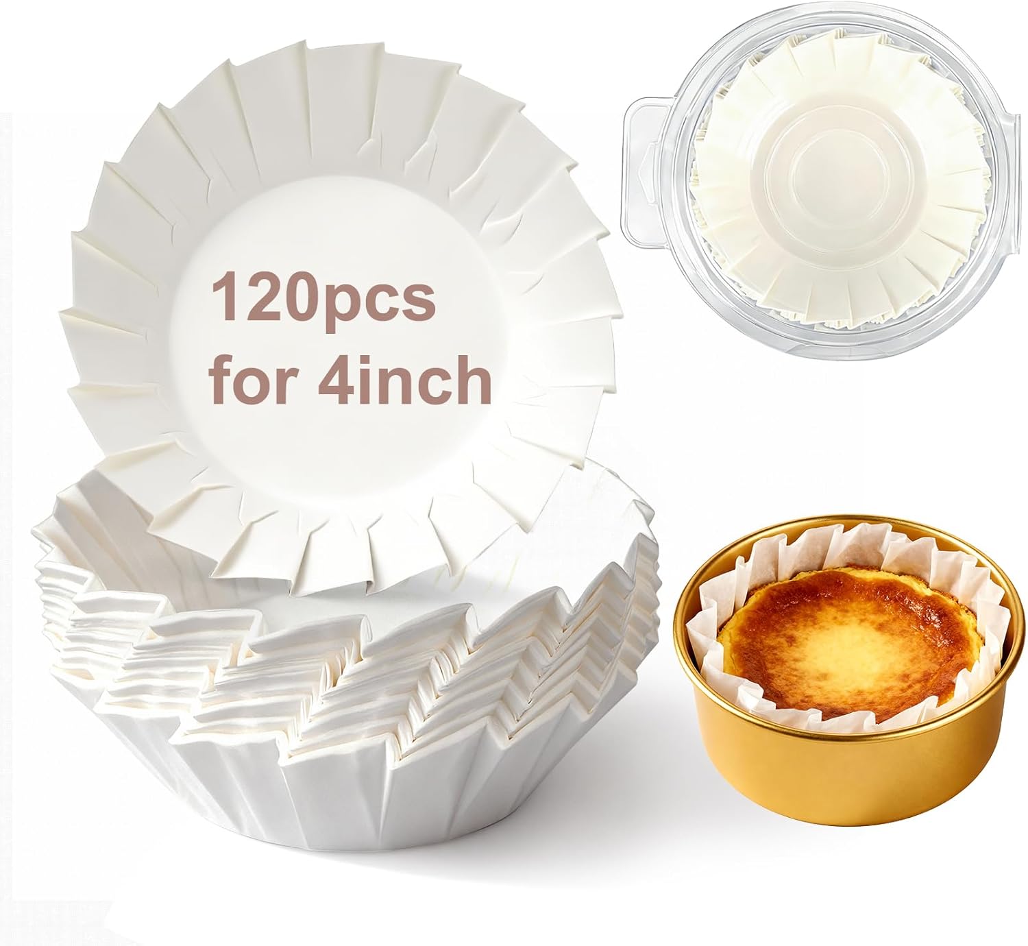 YQL 120PCS 4 Inch Disposable Basque Cake Paper Liners, Non-Stick Parchment Wrappers for Cheesecake, Muffin, Cupcake, Baking Paper Cups for Oven, Air Fryer, Microwave, White - Image 1