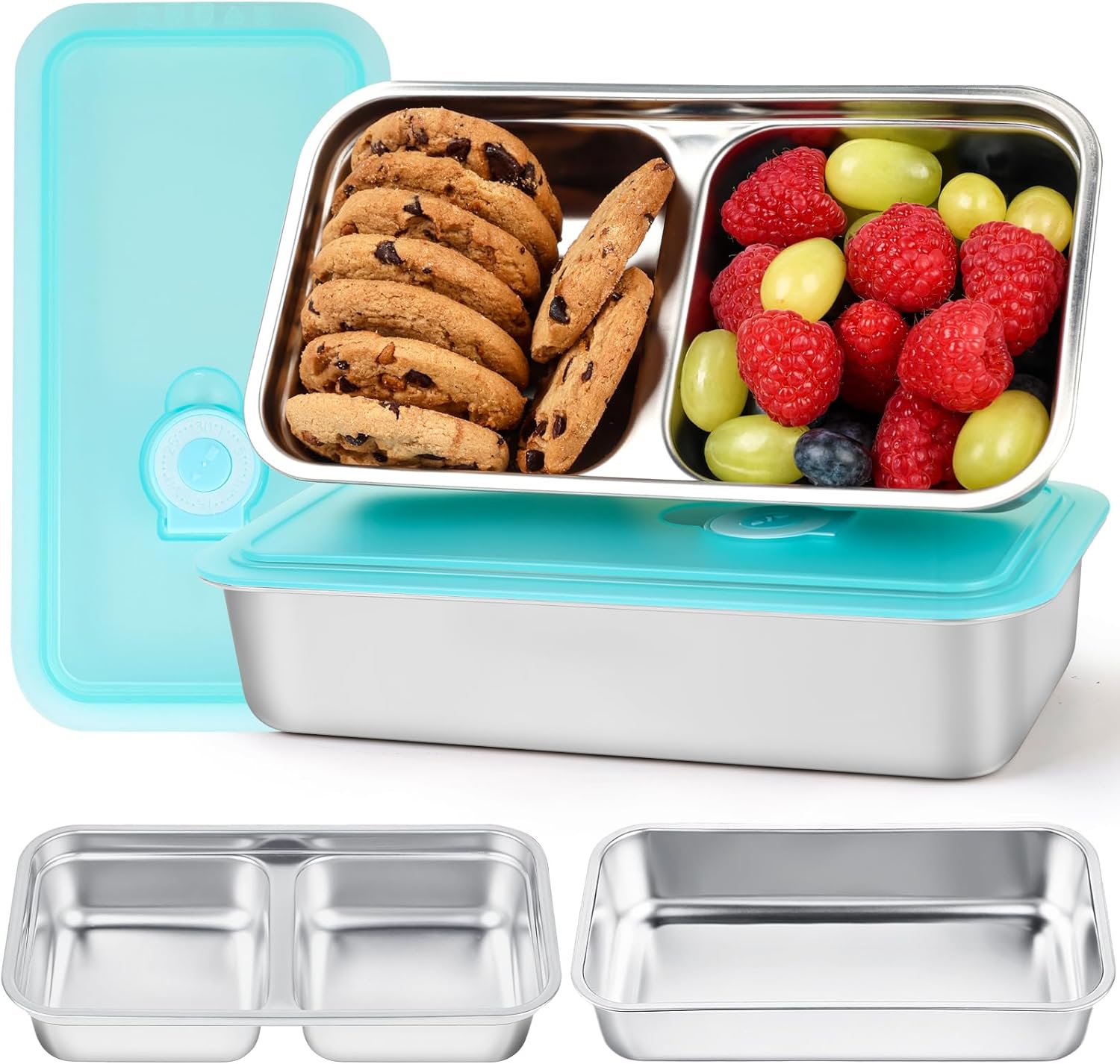 YQL 2 Pack Stainless Steel Food Containers with Lids, Double & Single Compartment Snack Boxes for Kids, Leakproof Reusable Bento Box for Lunch Prep, Travel, School, Camping - Image 1