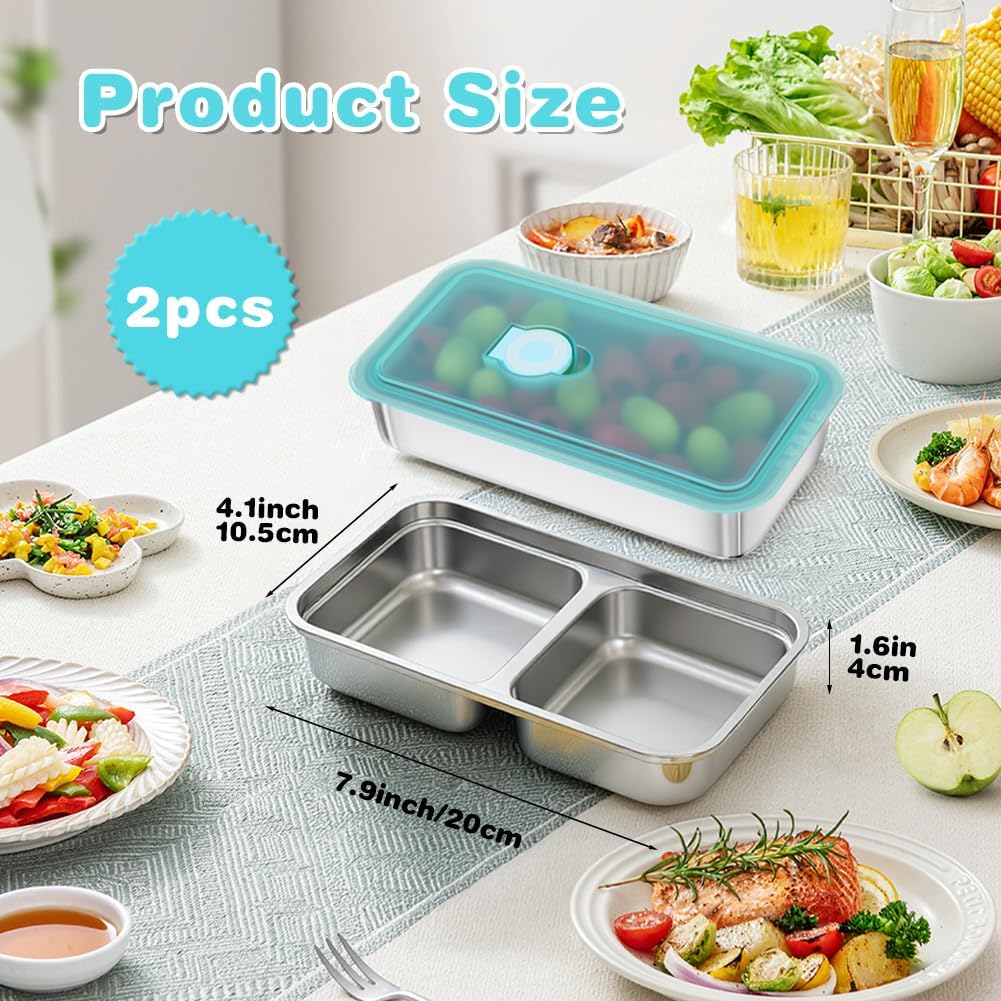 YQL 2 Pack Stainless Steel Food Containers with Lids, Double & Single Compartment Snack Boxes for Kids, Leakproof Reusable Bento Box for Lunch Prep, Travel, School, Camping - Image 2