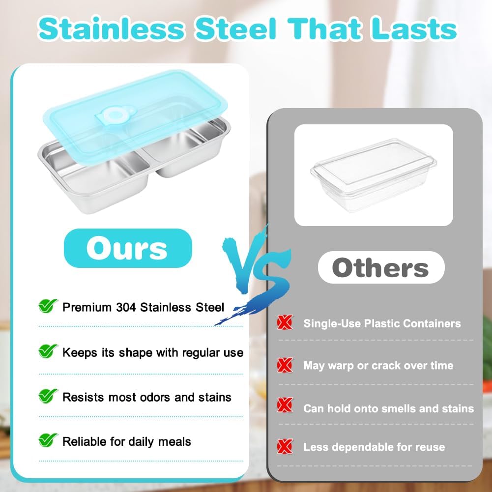 YQL 2 Pack Stainless Steel Food Containers with Lids, Double & Single Compartment Snack Boxes for Kids, Leakproof Reusable Bento Box for Lunch Prep, Travel, School, Camping - Image 3