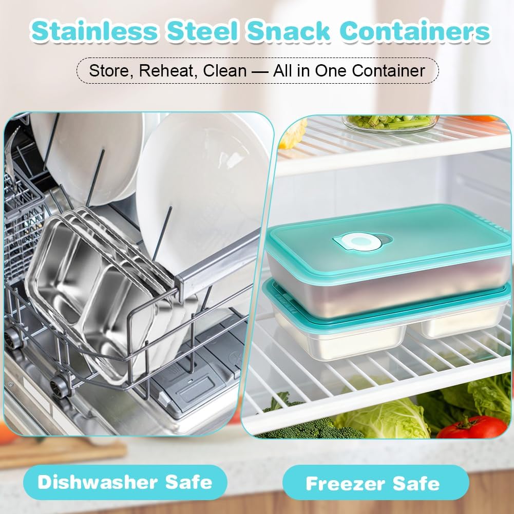 YQL 2 Pack Stainless Steel Food Containers with Lids, Double & Single Compartment Snack Boxes for Kids, Leakproof Reusable Bento Box for Lunch Prep, Travel, School, Camping - Image 5