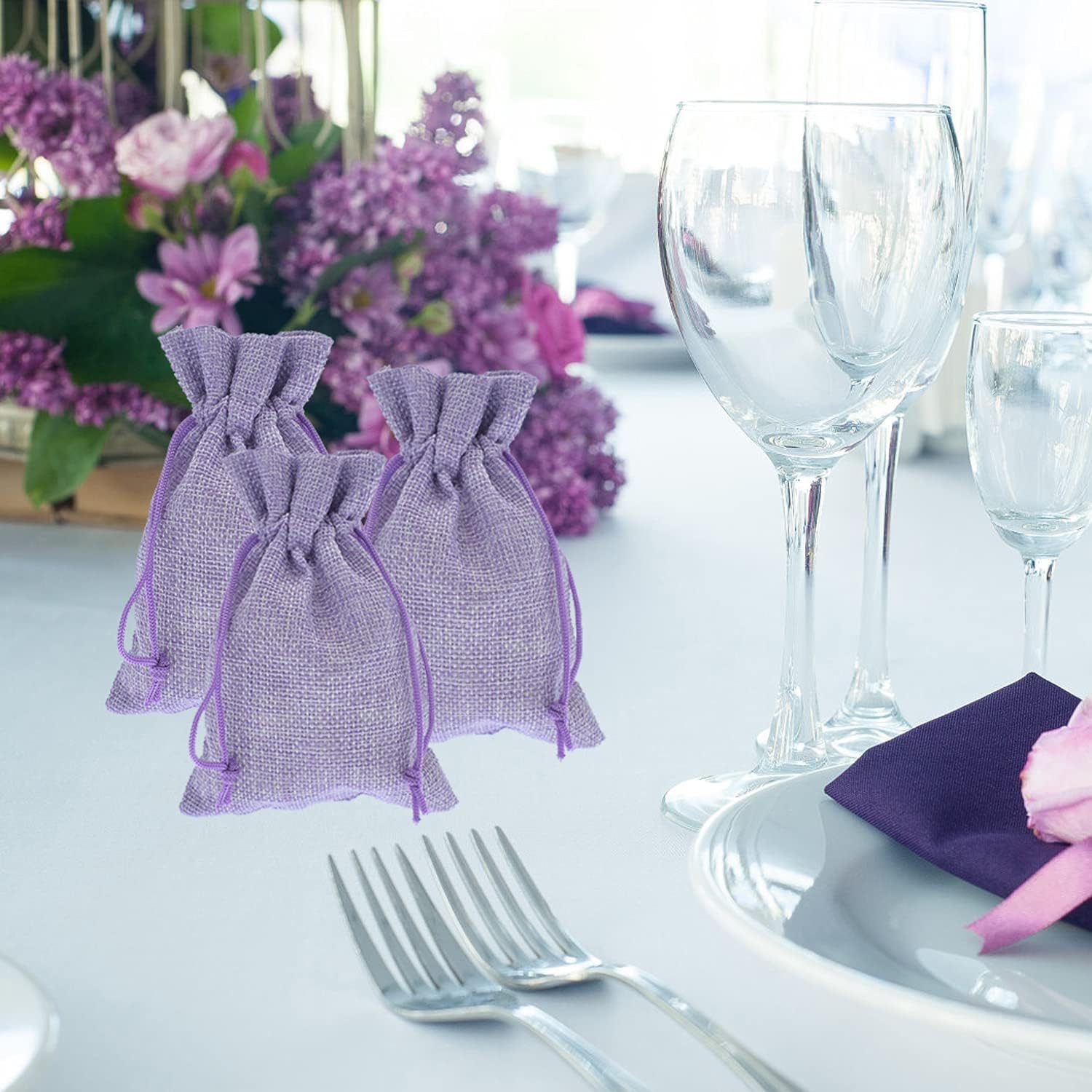 20Pcs Burlap Bags with Drawstring 2.7 x 3.5 Inch, Linen Small Party Favor Gift Bags Jewelry Pouches Sachet Sacks for Wedding, DIY Craft (Light Purple) - Image 7