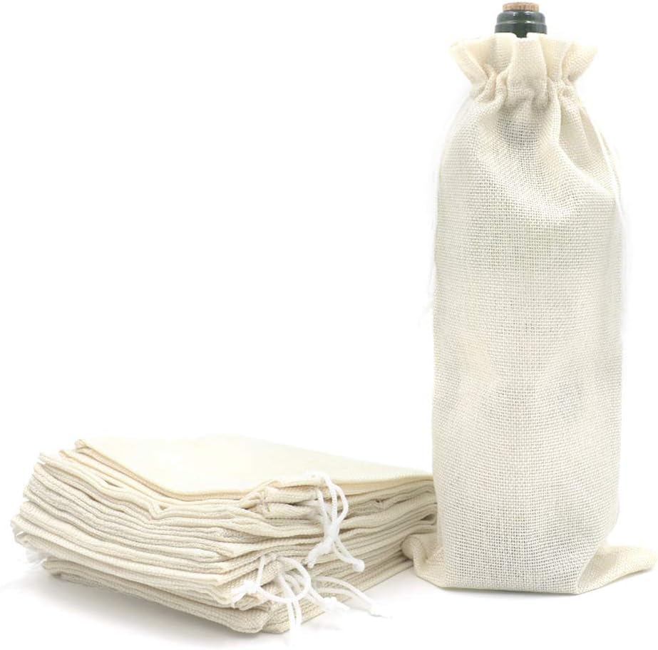 10Pcs Burlap Wine Gift Bags, Drawstring Linen Champagne Wine Bottle Bag Christmas Wedding Birthday Party Favor Wrap Pouches 13.7 x 5.9 Inches (Cream) - Image 1