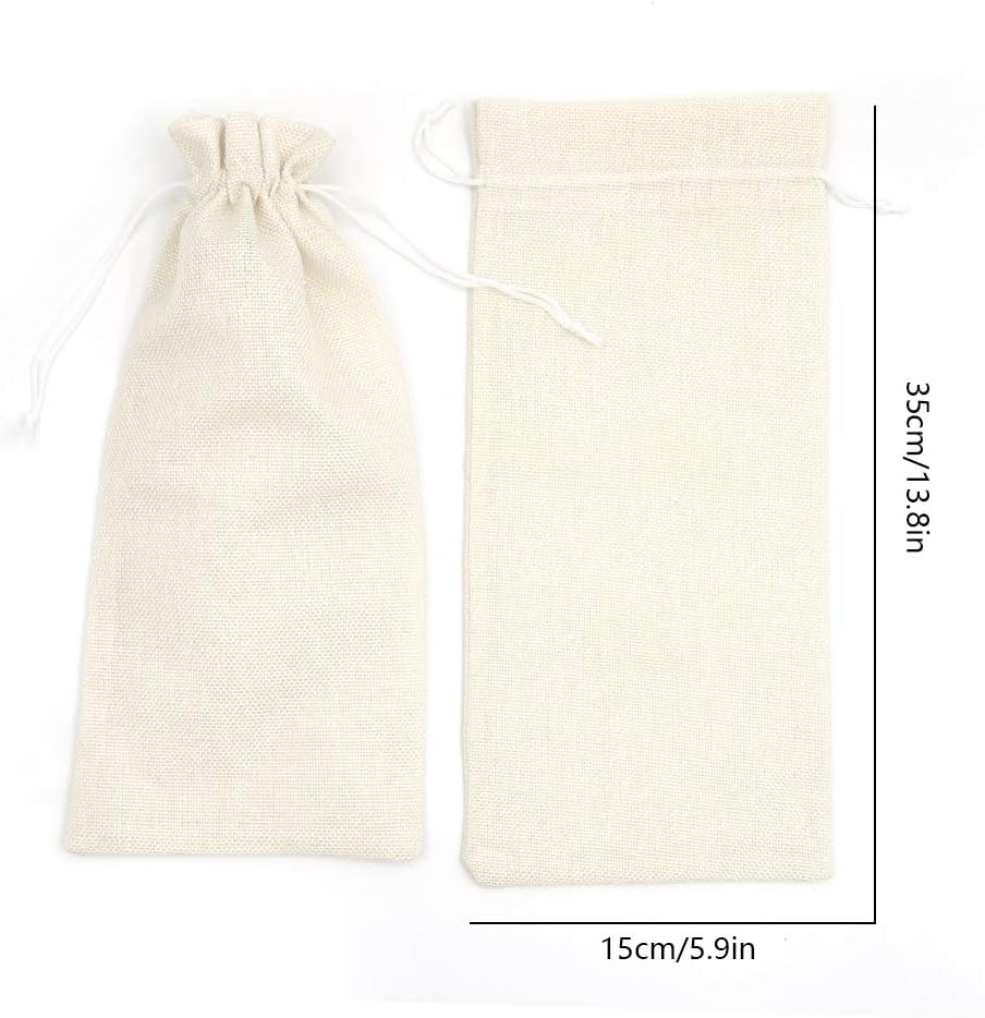 10Pcs Burlap Wine Gift Bags, Drawstring Linen Champagne Wine Bottle Bag Christmas Wedding Birthday Party Favor Wrap Pouches 13.7 x 5.9 Inches (Cream) - Image 5