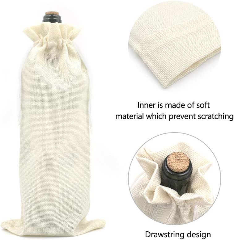 10Pcs Burlap Wine Gift Bags, Drawstring Linen Champagne Wine Bottle Bag Christmas Wedding Birthday Party Favor Wrap Pouches 13.7 x 5.9 Inches (Cream) - Image 6