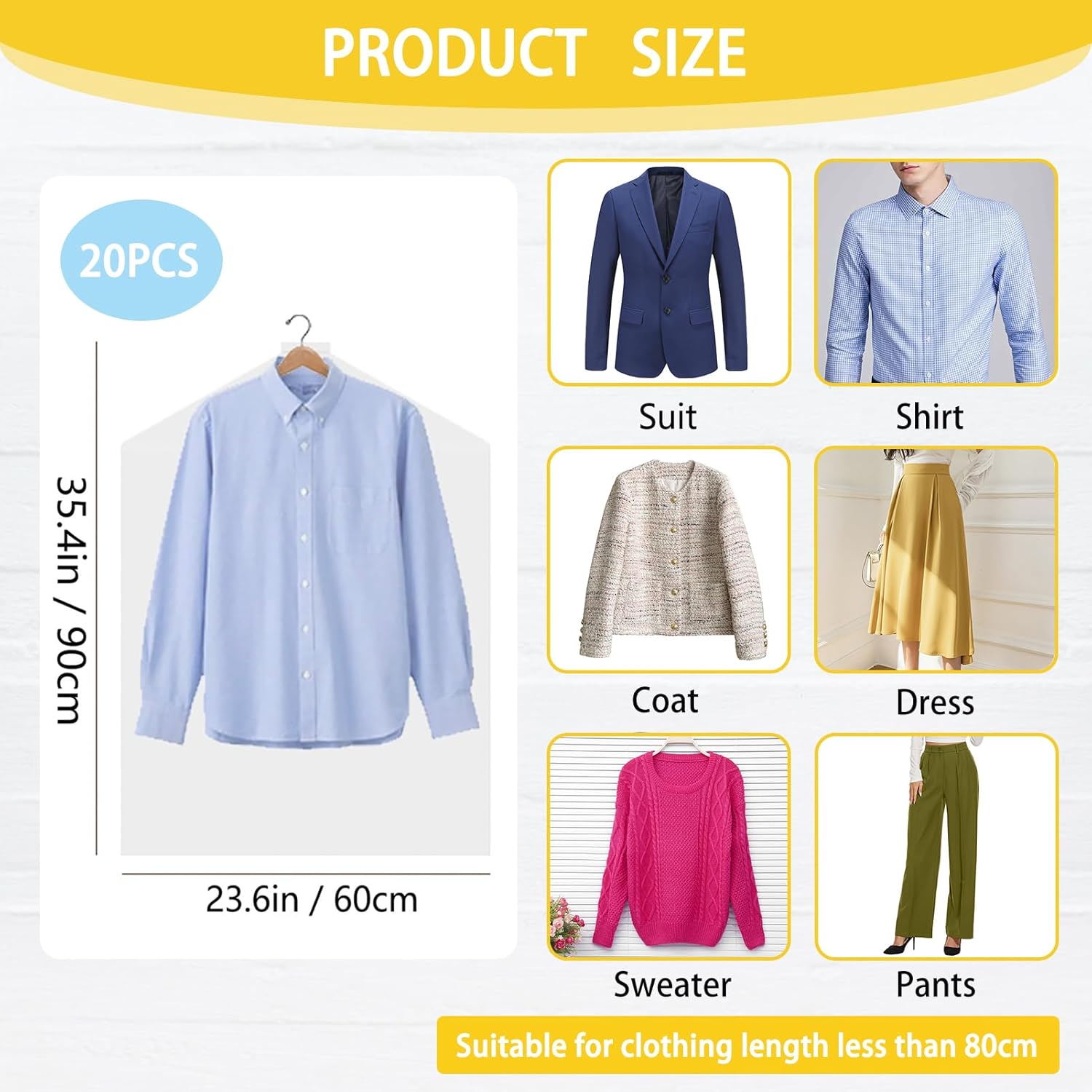 20Pcs Plastic Garment Bags for Hanging Clothes, 35 Inch Clear Dry Cleaner Bags Dustproof Suit Cover Clothes Storage Bag for Skirt Coat Shirt Jacket (60 x 90cm) - Image 2