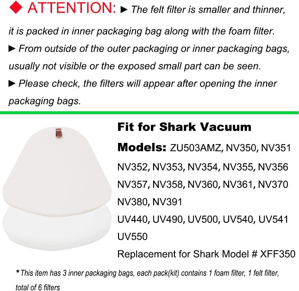 Dttery 3 Foam & Felt Filters Kit Replacement for Shark Navigator Lift-Away Vacuum NV350, NV351, NV352, NV355, NV356, NV356E, NV357, NV360, NV370, NV391, UV440, UV490, UV540 Part XFF350 - Image 2