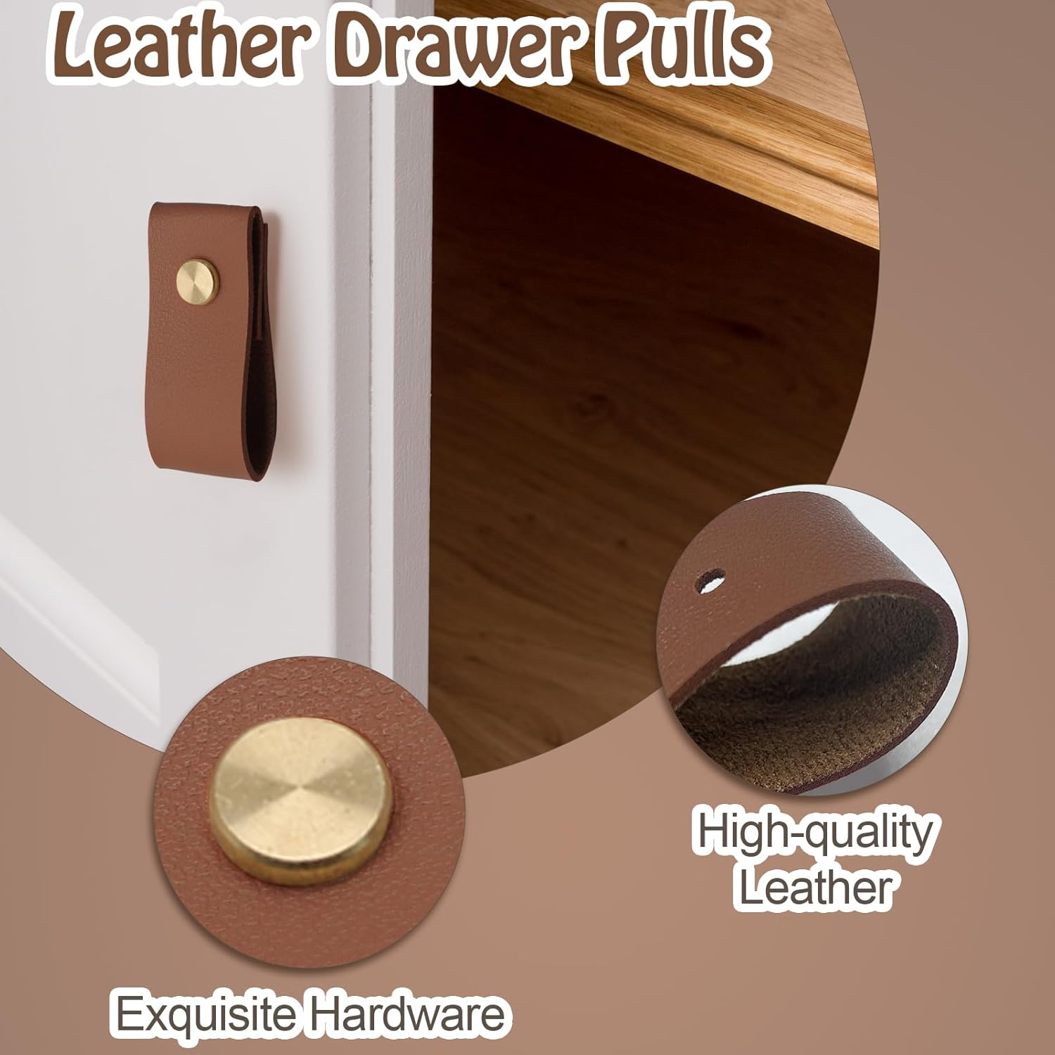 Biaungdo 12 Pack Leather Drawer Pulls, Brown Single Hole Leather Dresser Knobs Leather Pulls Cabinet Door Handle for Kitchen, Cabinet, Drawers, Closet, Dresser, Cupboard - Image 3