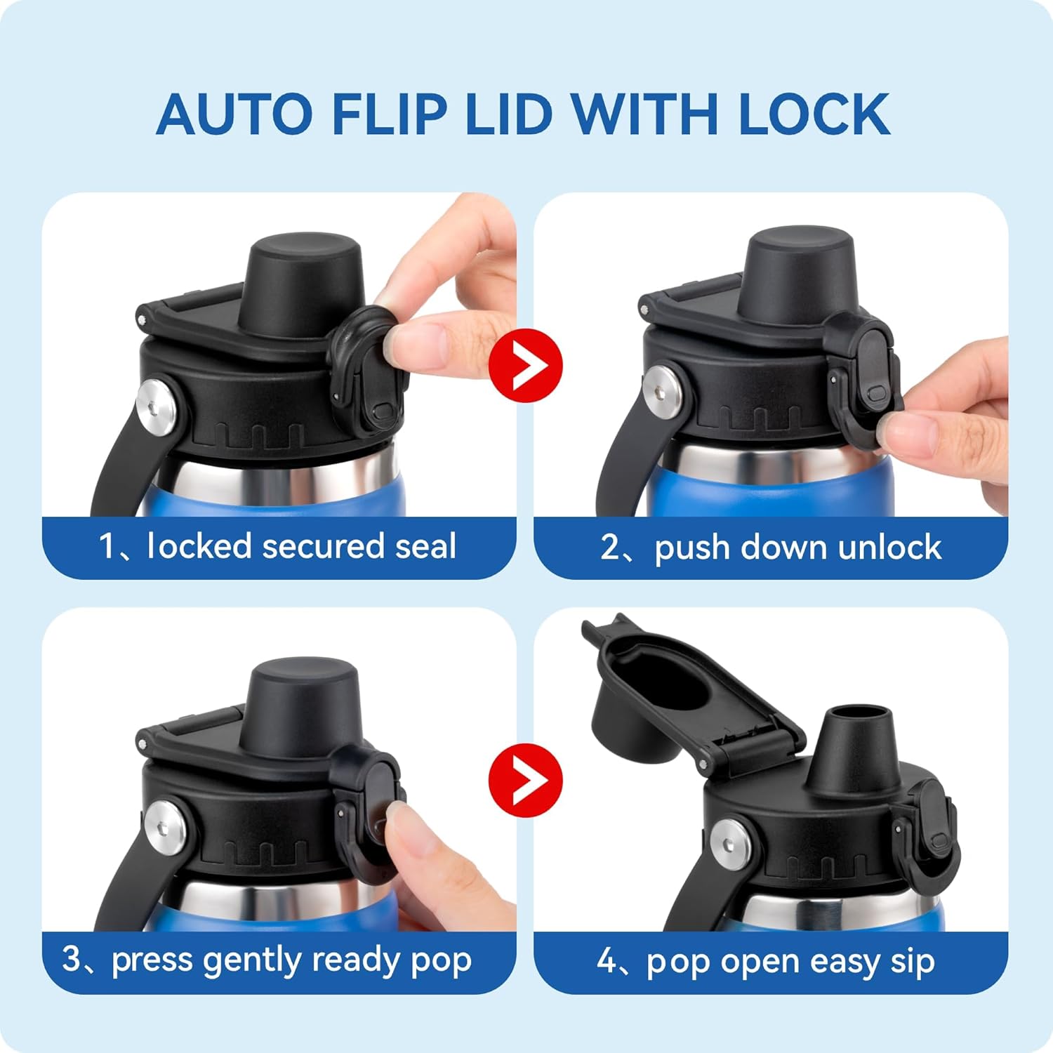 Pop - Up Replacement Lid - Leakproof Spout Cap with Secure Lock, for Hydro Flask, ThermFlask, Takeya & Iron Flask Wide - Mouth Bottles - Image 2