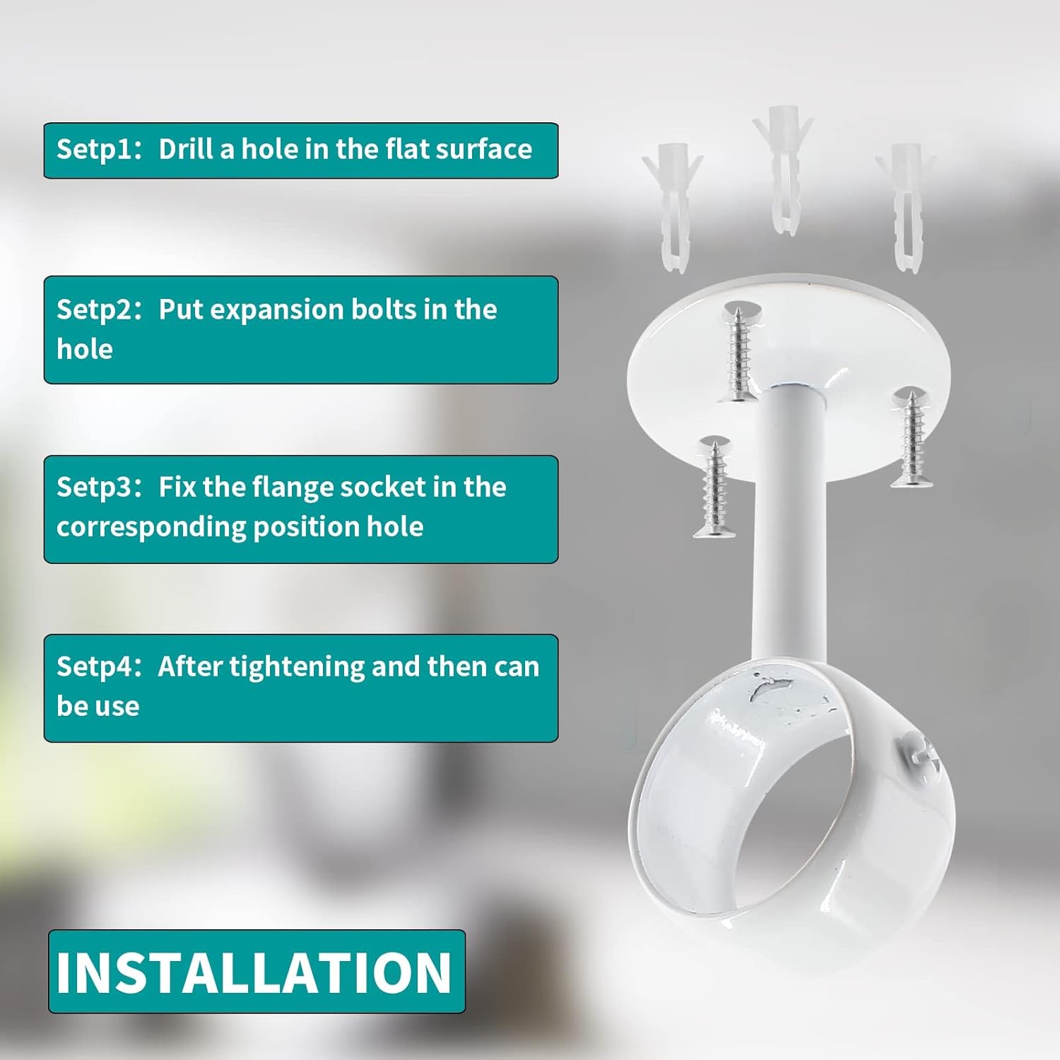 Biaungdo 2 Pcs 1-1/4 Inch Curtain Rod Ceiling-Mount Bracket,Stainless Steel Flange Rod Holder Shower Curtain Closet Rod Holder Ceiling Curtain Rod Brackets with Anchor Screw Kit,White,Locking Design - Image 6