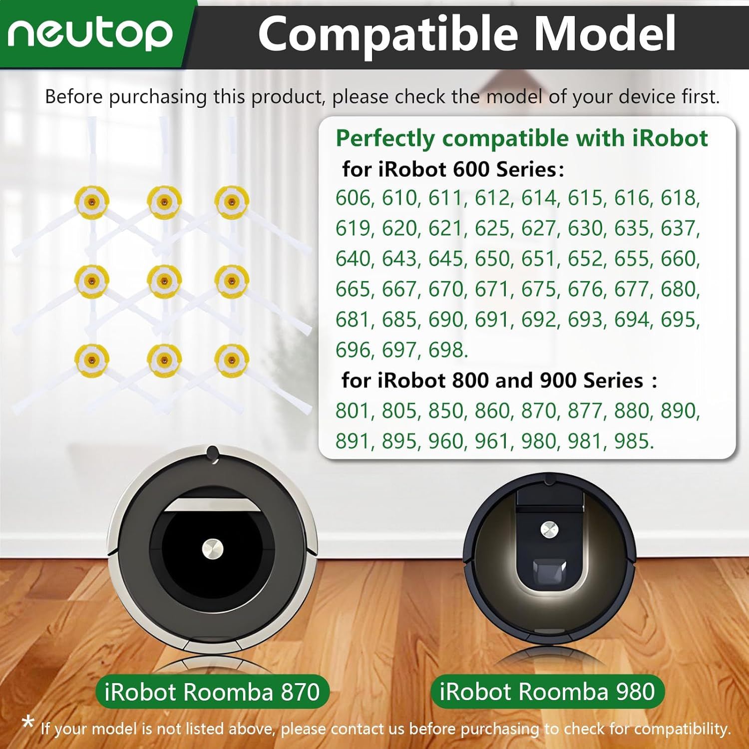 Replacement Side Brush Compatible with All iRobot Roomba 900, 800, 700, 600, 500 Series 960 980 981 985 860 880 890 891 895 760 770 614 645 650 655 665 671 675 690 692 694 560 595 Models,9-Pack - Image 3