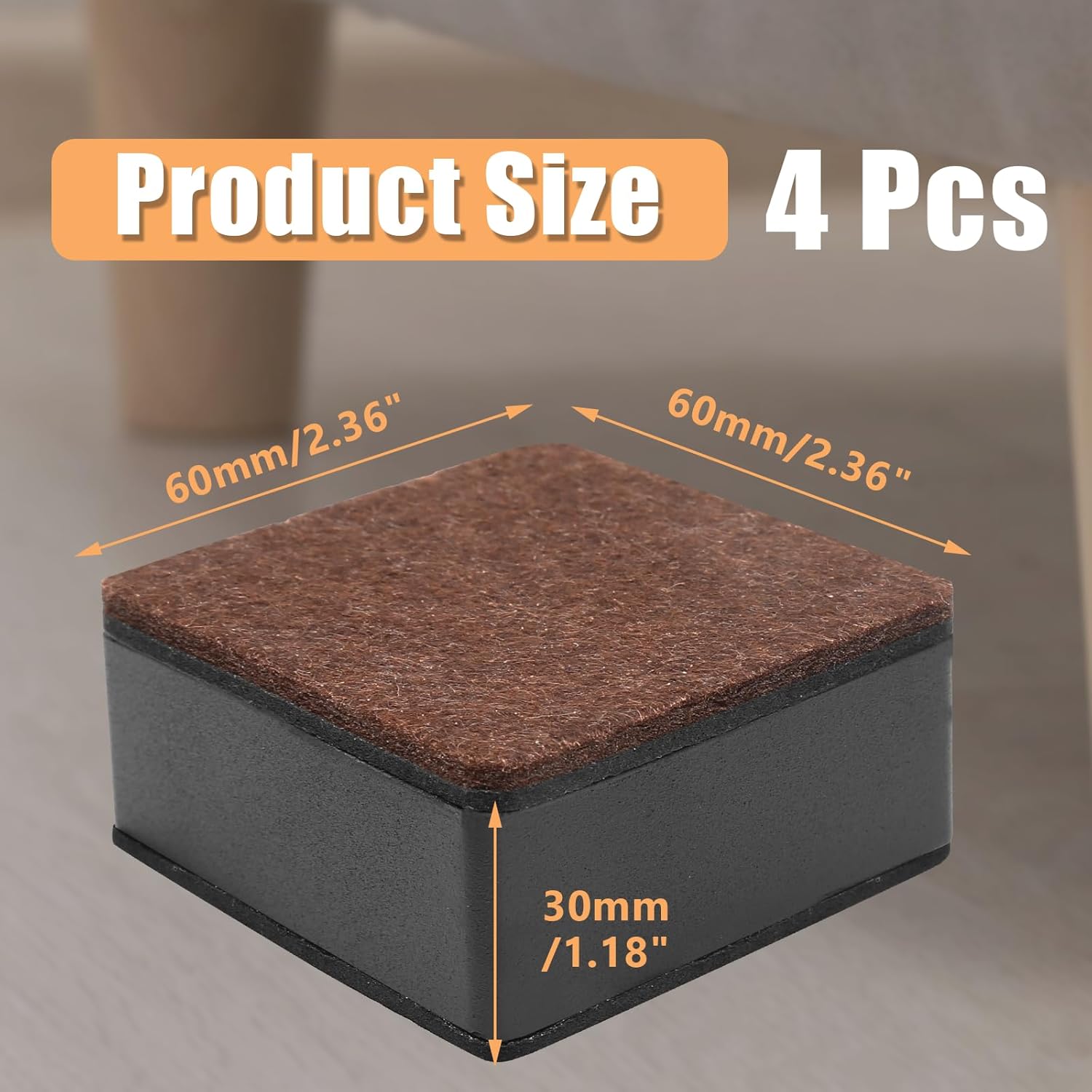 Biaungdo 4 Pcs Self-Adhesive Furniture Risers, Square Furniture Bed Risers, Heavy Duty Carbon Steel Table Sofa Couch Chair Lift Risers with Felt Pad(Add 1.2