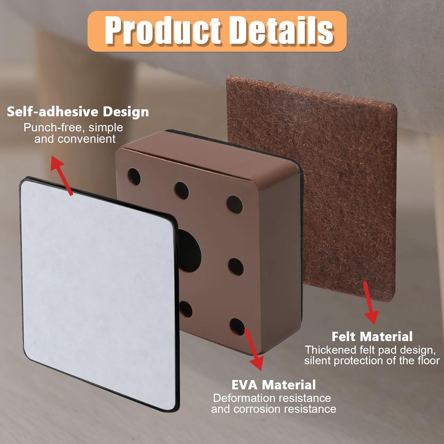 Biaungdo 4 Pcs Self-Adhesive Furniture Risers, Square Furniture Bed Risers, Heavy Duty Carbon Steel Table Sofa Couch Chair Lift Risers with Felt Pad(Add 1.2