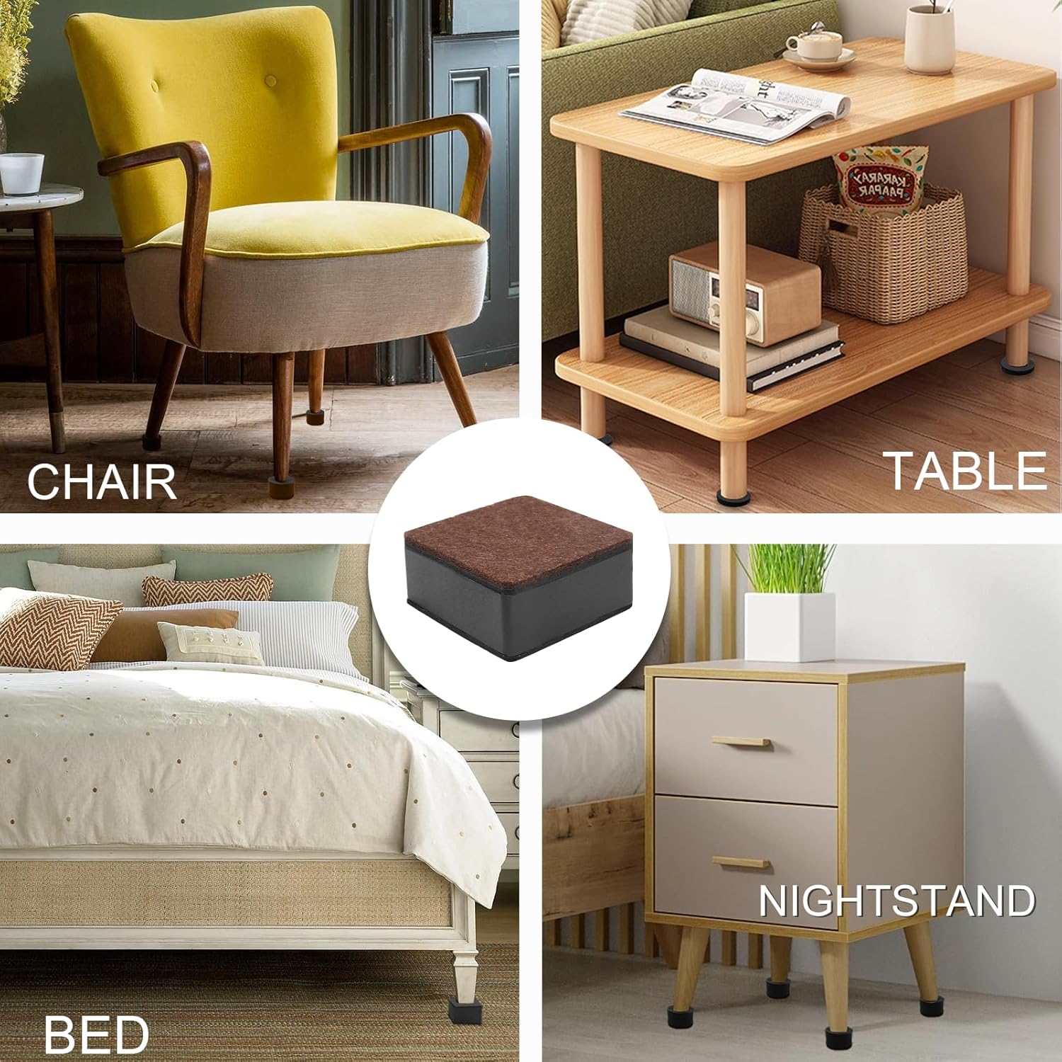 Biaungdo 4 Pcs Self-Adhesive Furniture Risers, Square Furniture Bed Risers, Heavy Duty Carbon Steel Table Sofa Couch Chair Lift Risers with Felt Pad(Add 1.2