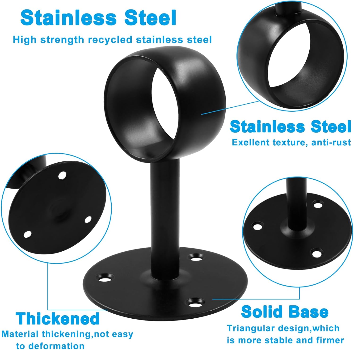Biaungdo 1-1/2 Inch Curtain Rod Ceiling-Mount Bracket, Stainless Steel Flange Rod Holder Shower Curtain Closet Rod Holder Ceiling Curtain Rod Brackets with Anchor Screw Kit, 4Pcs - Black - Image 3