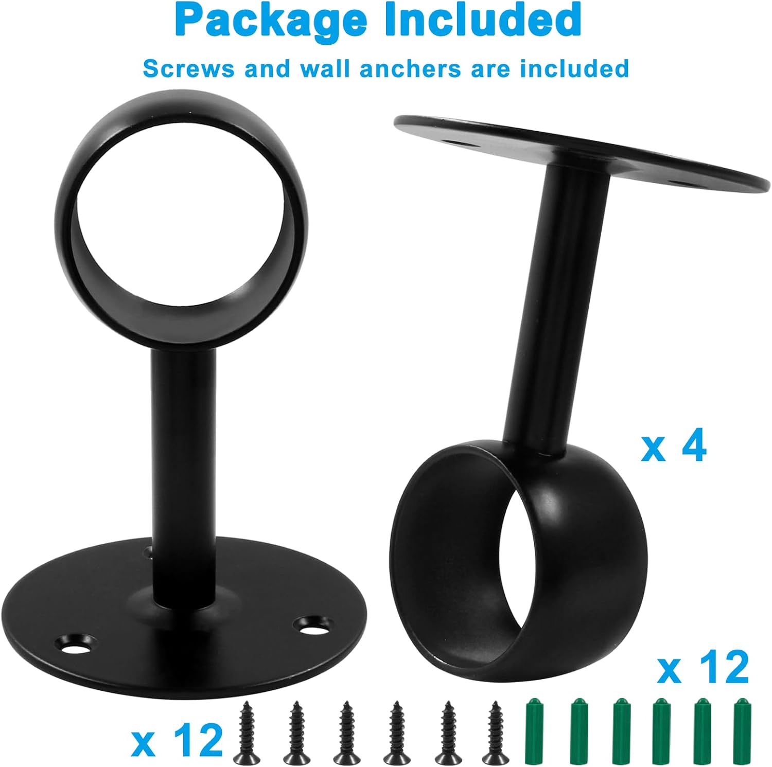 Biaungdo 1-1/2 Inch Curtain Rod Ceiling-Mount Bracket, Stainless Steel Flange Rod Holder Shower Curtain Closet Rod Holder Ceiling Curtain Rod Brackets with Anchor Screw Kit, 4Pcs - Black - Image 4