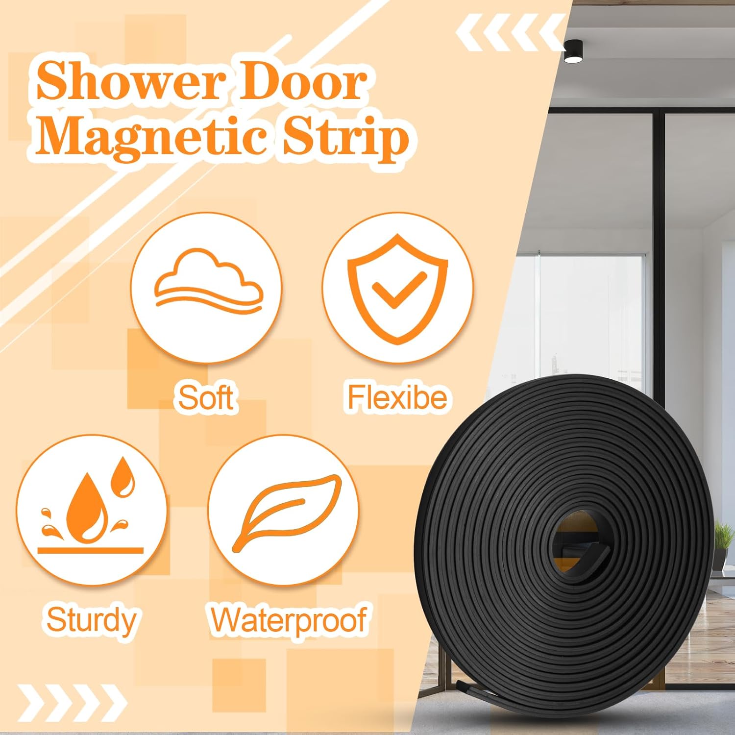 Biaungdo 134 Inch Flexible Shower Door Magnetic Strip, 1 Roll Insert Shower Door Replacement Seal Strip Waterproof Long Shower Door Strip for Framed Semi Framed Swinging Glass Shower Doors, Black - Image 3