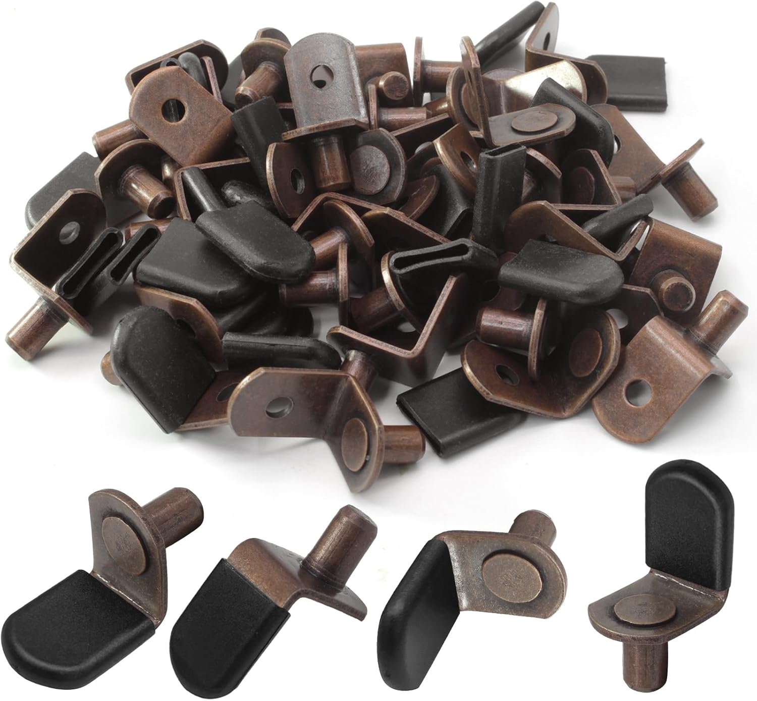 Biaungdo 60 Pcs Shelf Support Pegs, 1/4 Inch L-Shaped Clips with Rubber Sleeve, Cabinet Shelf Pegs for Bookshelves Glass Corner Shelf Cabinet Furniture, Antique Bronze - Image 1