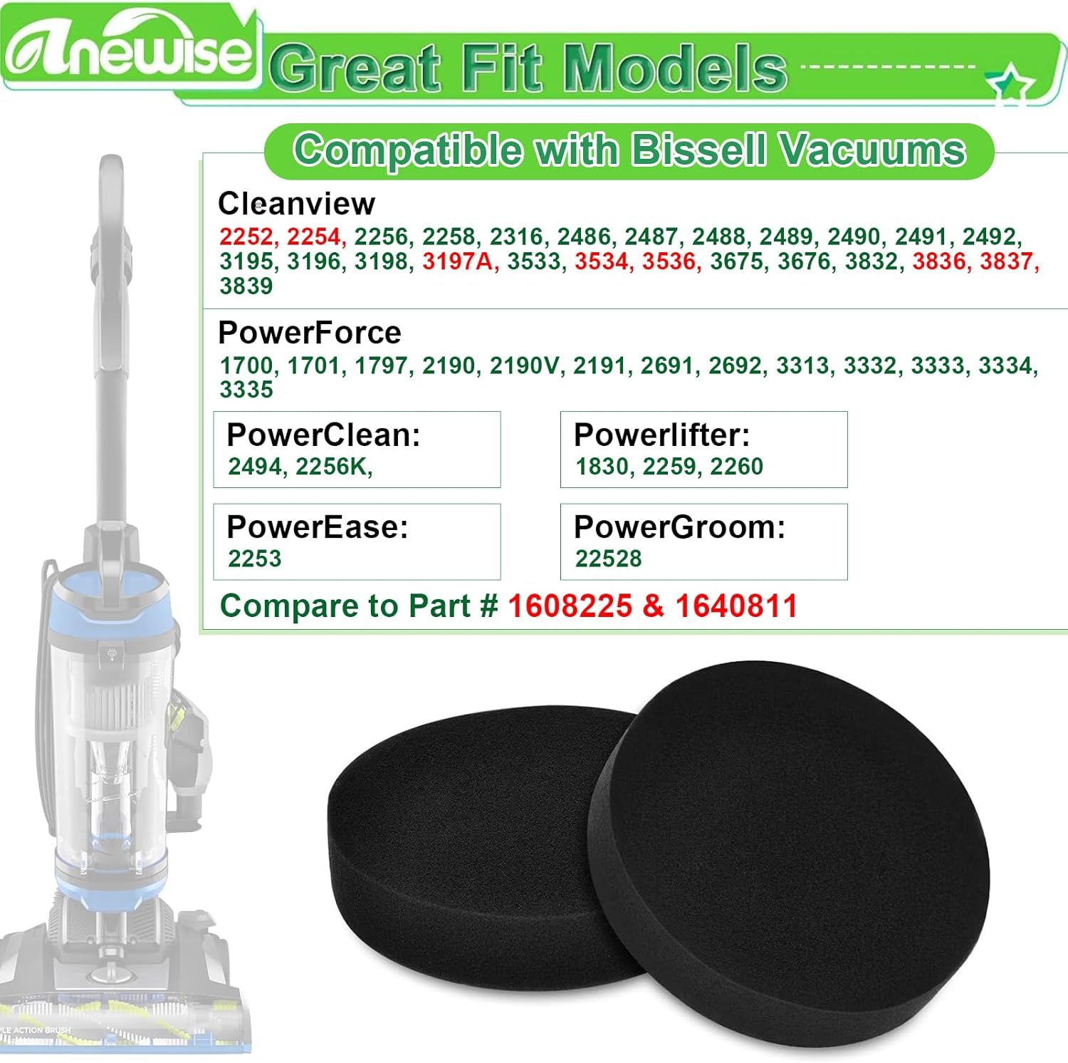 4 Pack 1608225 ilter or Bissell or Cleanview Swivel Rewind 4438 3836 3197A 2252 3536 2254 3534 3837 Powerorce Helix Turbo 1701 1797 2191 2190 Upright Vacuum, ilters Part 1640811 - Image 3