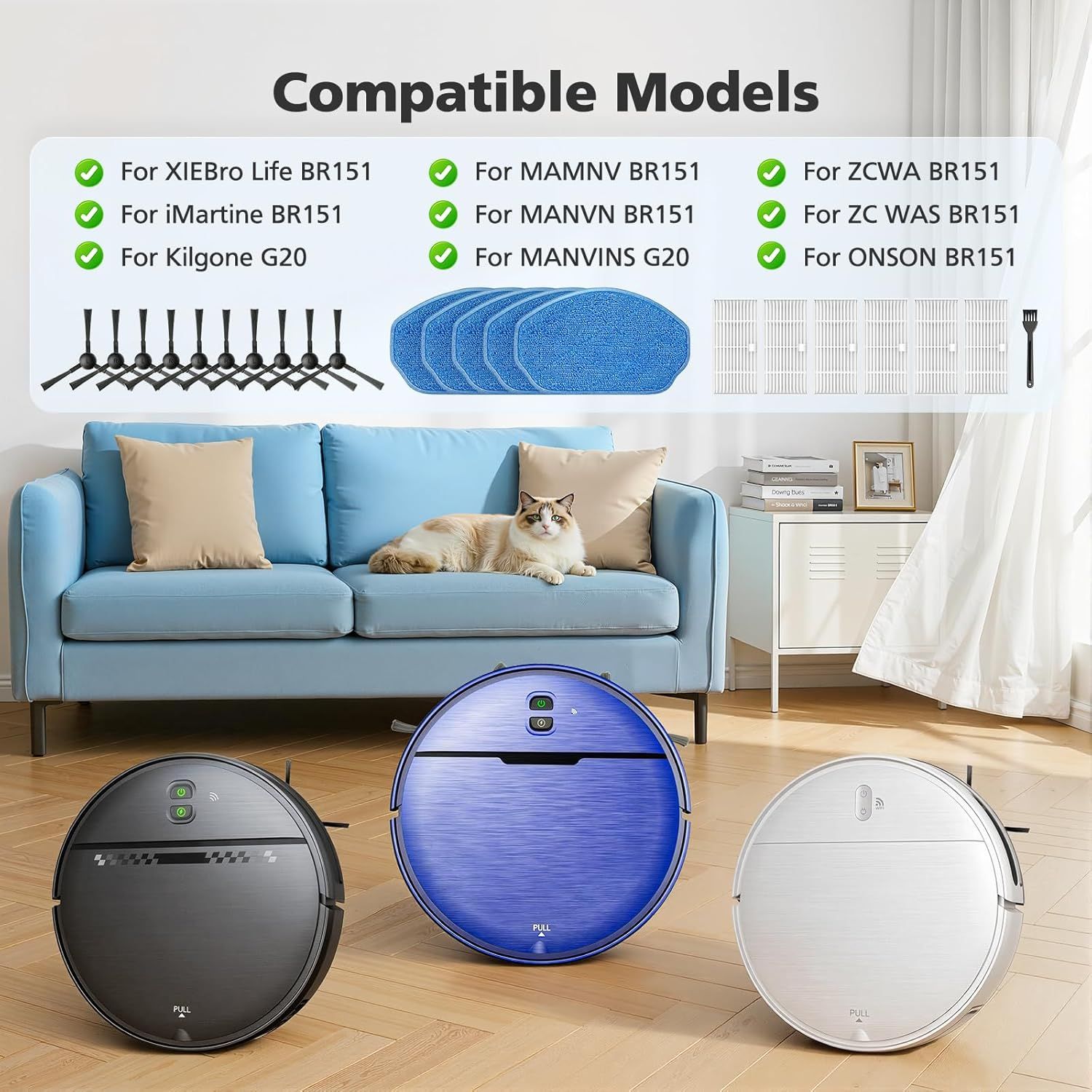 Replacement Parts or XIEBro Lie BR151, or ZCWA BR151, or MANVN BR151, or Kilgone G20, or MAMNV BR151, or MANVINS G20, or ZC WAS BR151, or iMartine BR151, 6 ilters, 5 Mop Pads, 10 Side Brush - Image 3