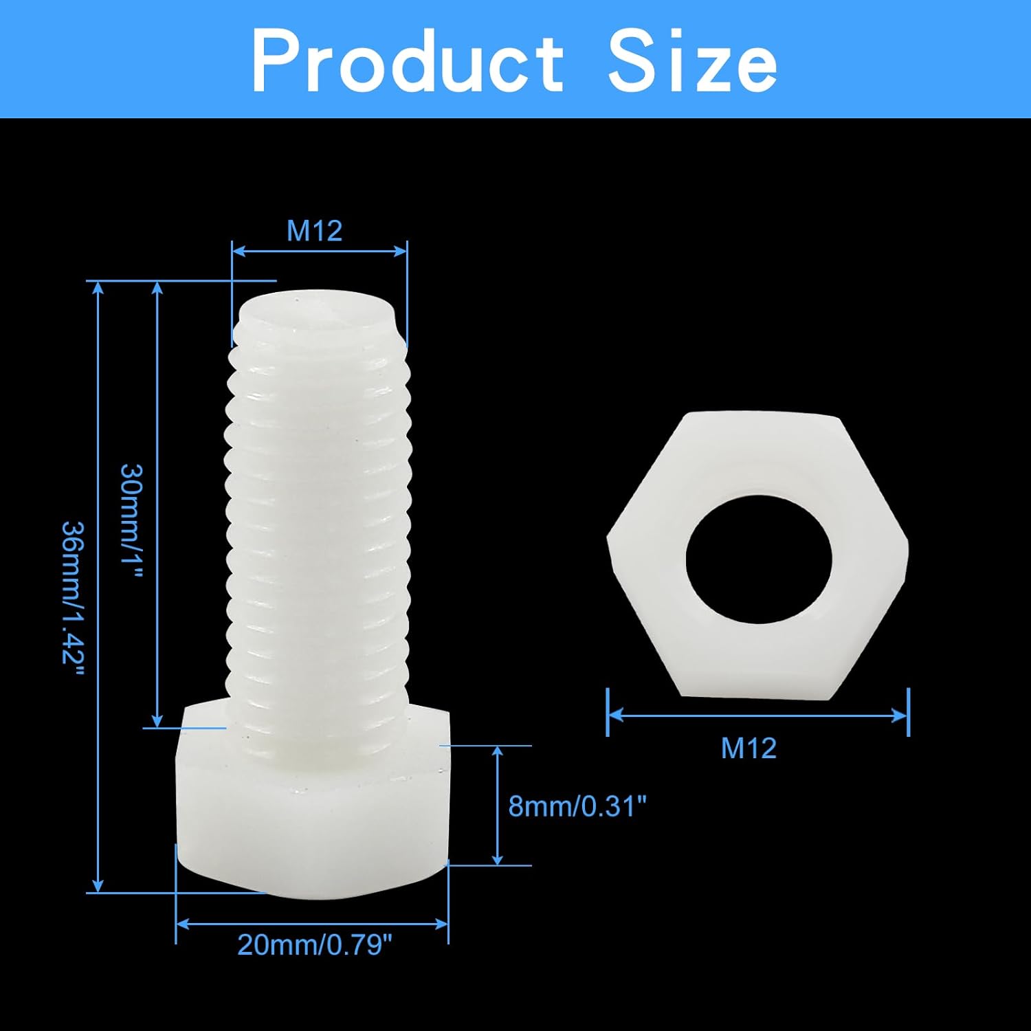 Biaungdo 20 Pair M12 x 30mm Nylon Hex Bolts, White Plastic Hex Bolts Full Thread Hex Head Screws and Nuts Set - Image 2