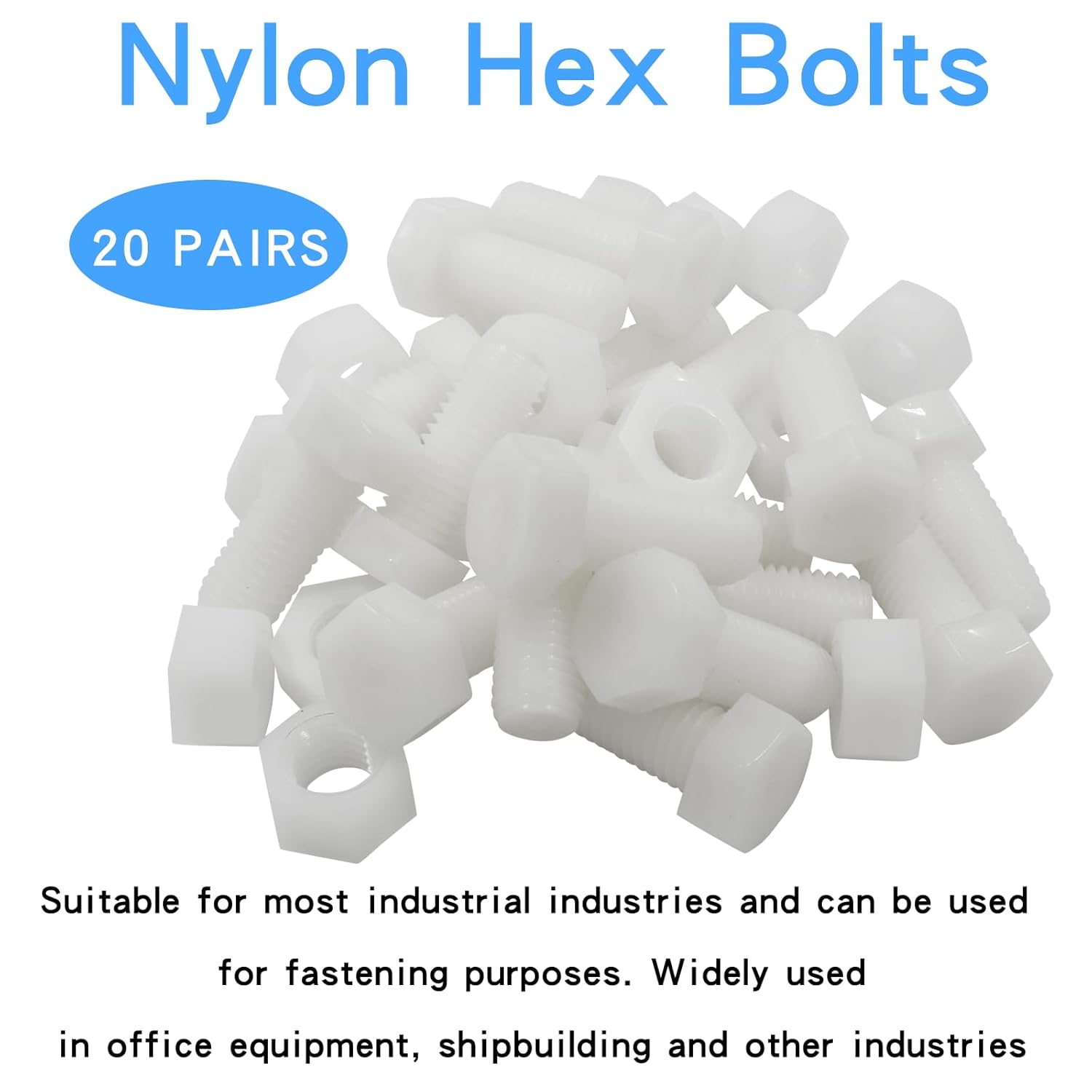 Biaungdo 20 Pair M12 x 30mm Nylon Hex Bolts, White Plastic Hex Bolts Full Thread Hex Head Screws and Nuts Set - Image 3